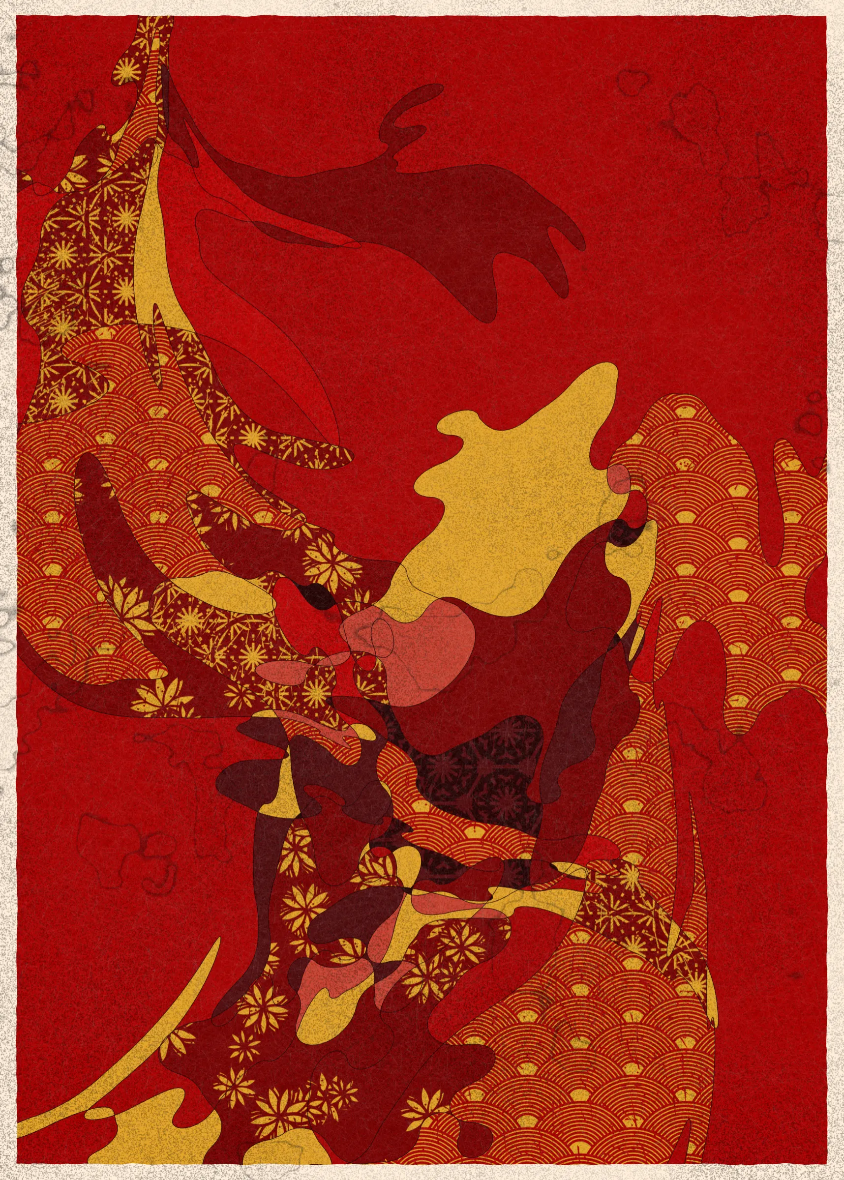 Memories of Qilin is inspired by traditional East Asian art. It channels the sense of movement and fluidity found in classical Chinese brushwork, while drawing from the colors, patterns, and forms of ukiyo-e woodblock prints. 

The series explores elements of folklore, evoking the mythological imagery of dragons, phoenixes, flowers, and mountains.  The title references a fabled chimerical beast found throughout East Asian mythology (while the qilin is its Chinese name, it is also known in Korea as the girin and Japan as the kirin) that represents prosperity and luck.

Viewers are invited to interpret elusive forms that verge on representation. As with the stories passed on through generations, each piece is imagined, organic, and ever-in-flux.