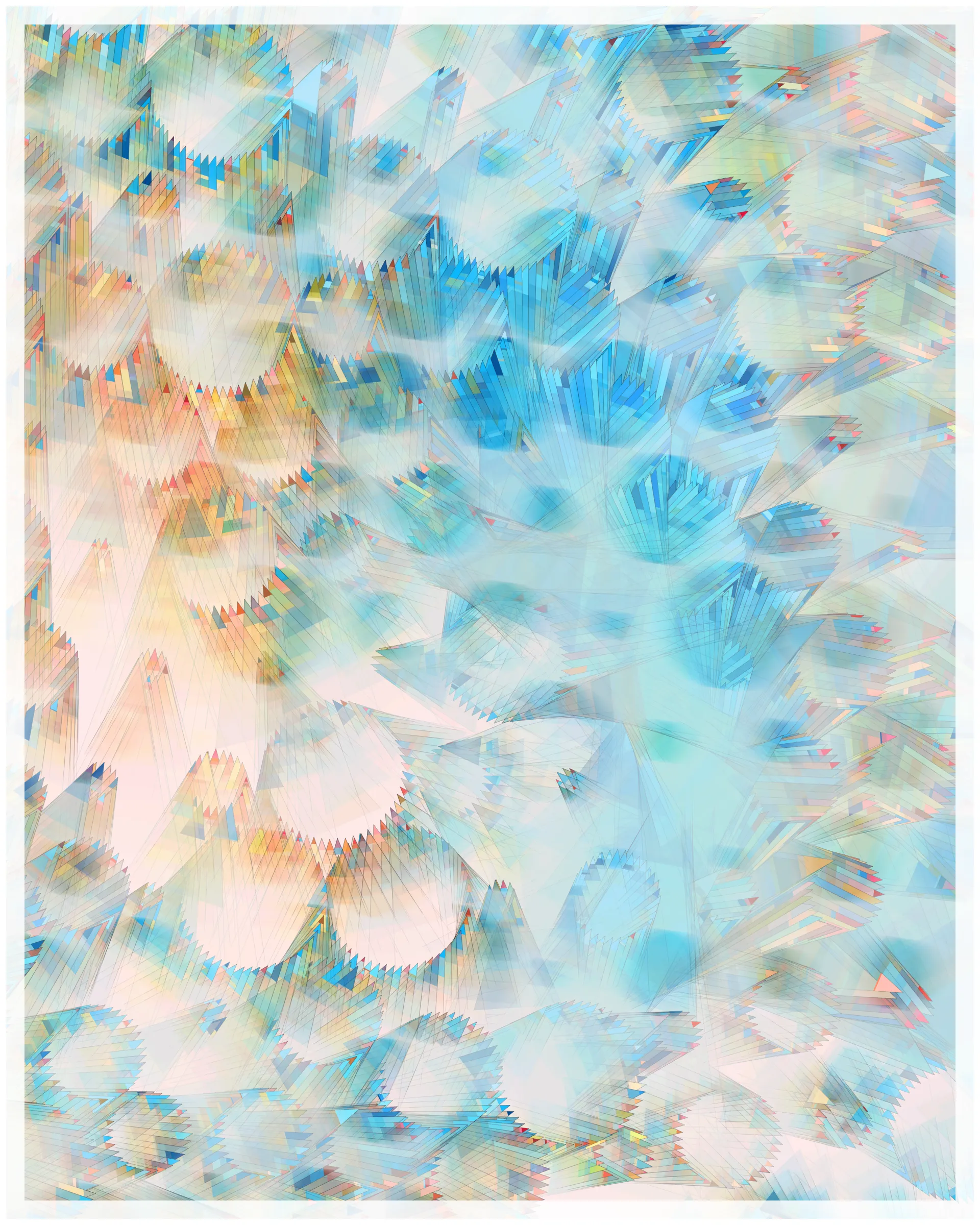 _There are no artifacts. There are only interpretations._

Glass is about the illusion of simplicity that cocoons us in our everyday existence. A glance at Glass may suggest a foam of bubbles or pebbles under clear water. But on inspection, these simple pictures dissolve. Instead of disks one finds stacked panes of translucent glass, intersecting and overlapping. There is dissonance between fine-scale chaos and the harmony of the aggregate. In Glass, two levels of reality -- panes of glass and the foam of bubbles -- are brought close together in scale, so that our oversimplified impression yields a palpable disquiet.

What appears simple is often anything but. Consider a standard wooden desk. To our eyes, it looks solid and continuous, but we know that it is made of atoms, tiny electrons orbiting nuclei. And these subatomic particles are themselves not like miniature solar systems, but creatures of quantum mechanics, stranger than we can imagine. The vast difference in scale between the atomic and the macroscopic hides this complex reality, but fundamentally it is the same phenomenon shown here.

Glass continues my exploration of emergence. While in previous work I explored how simple systems can create complex, emergent forms, here the interest is in the converse: how coherence is often deceptive, masking a complex underlying reality.

Glass draws on the aesthetic of Shin Hanga artists Hiroshi Yoshida and Kawase Hasui, and abstract expressionist Sonja Sekula. In live view, Glass has ambient motion: the shadows evolve, imperceptibly slowly.

The following variations & controls are possible. You may need to click on the canvas before they are active. For a high-resolution output, use the pixel density controls. For example, on a standard laptop, an image saved at pixel density 5 will be approximately 3200 x 4000 pixels, and therefore suitable for printing at ~ 11" x 13" at 300 dpi.

Variations (require redrawing):

f -- fit-to-screen on/off
o -- outline on/off

Controls:

s   -- save as png
spacebar  -- pause/unpause ( useful to reduce CPU load in Live mode )
b -- border on/off ( useful for printing )
1-9  -- set pixel density (default=2 on retina displays)
+/-  -- increase/decrease pixel density