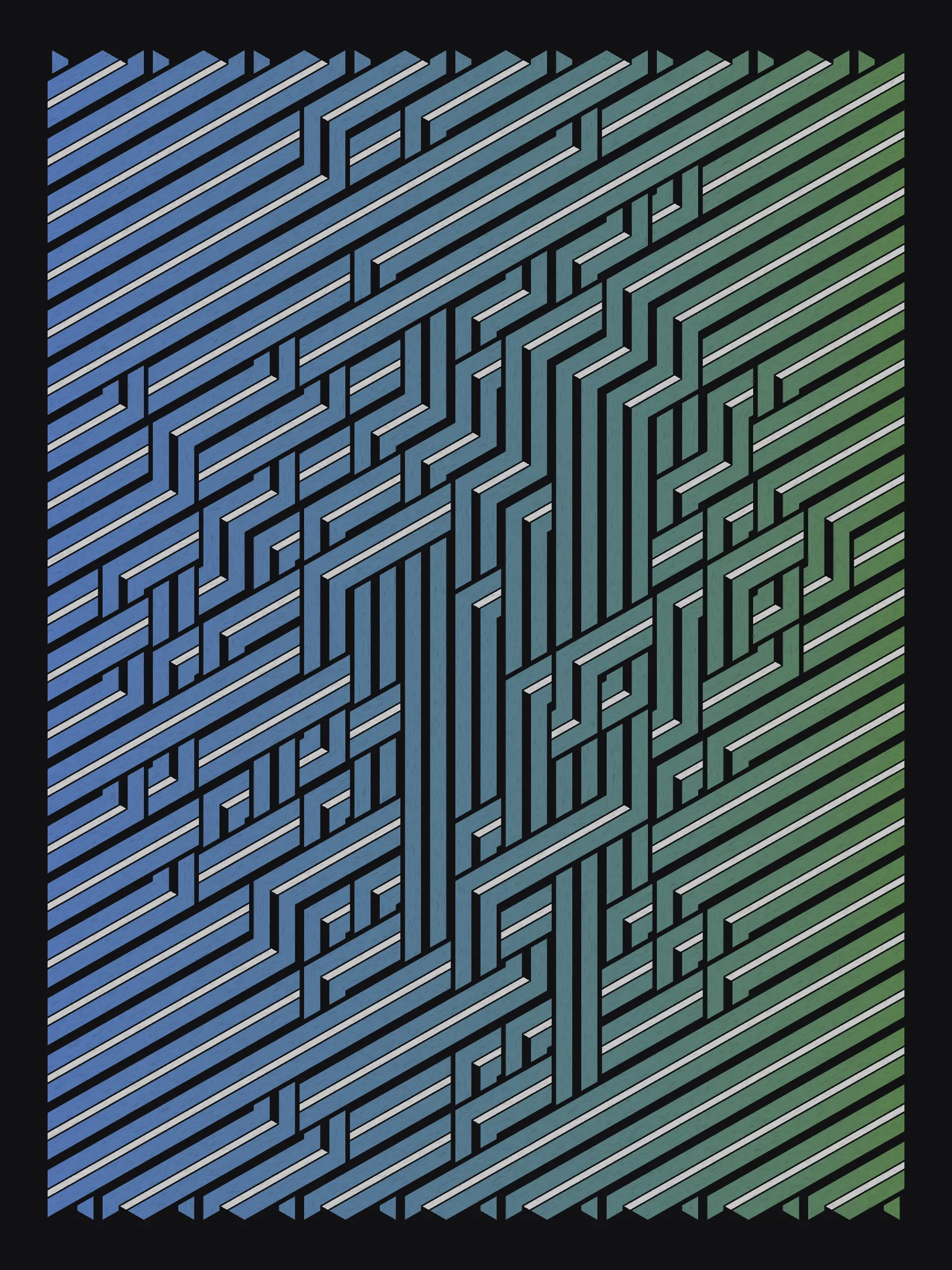 Lines are bent and shaded. There are no wrong turns. 

[Interaction in live view: press 1-7 or left/right arrow keys to see the stages of sketch construction: 1-grid, 2-divide, 3-tile, 4-bend, 5-shade, 6-color, 7-texture].