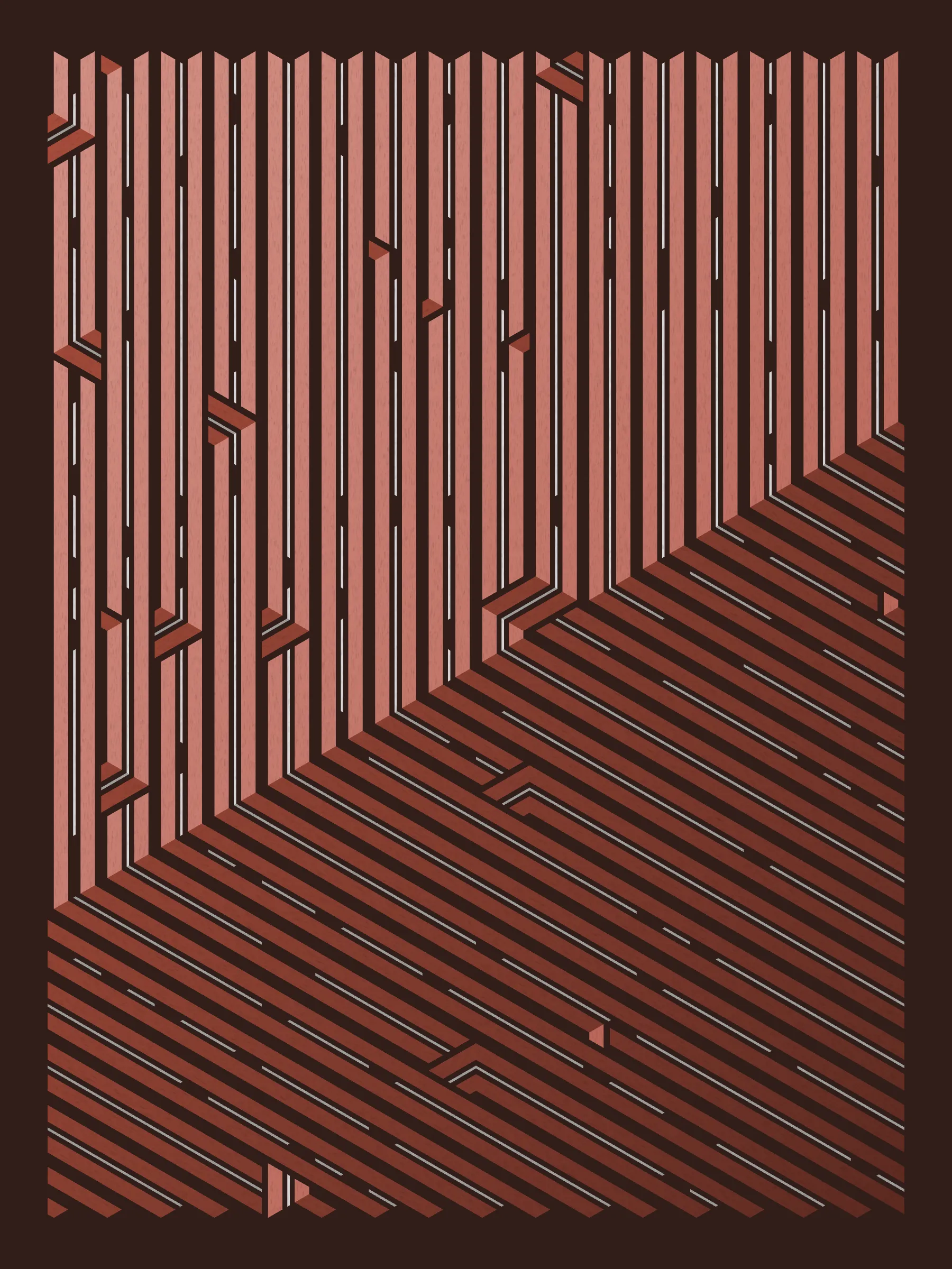 Lines are bent and shaded. There are no wrong turns. 

[Interaction in live view: press 1-7 or left/right arrow keys to see the stages of sketch construction: 1-grid, 2-divide, 3-tile, 4-bend, 5-shade, 6-color, 7-texture].