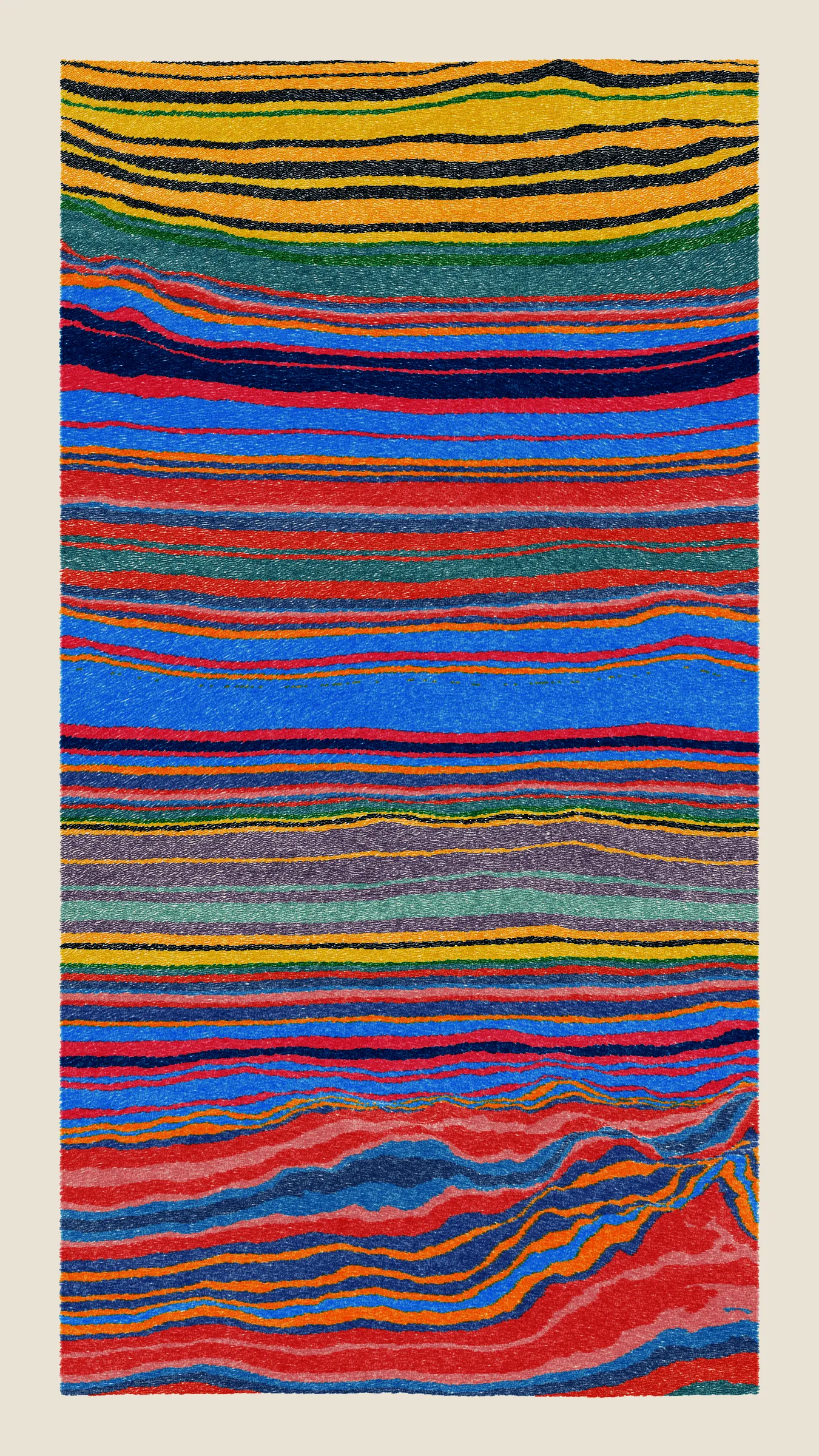 Stratified landforms constructed from many small strokes of colour. The hash of each token describes a coordinate within a multidimensional generative space, locating a unique composition that lies along one of many possible longitudes.