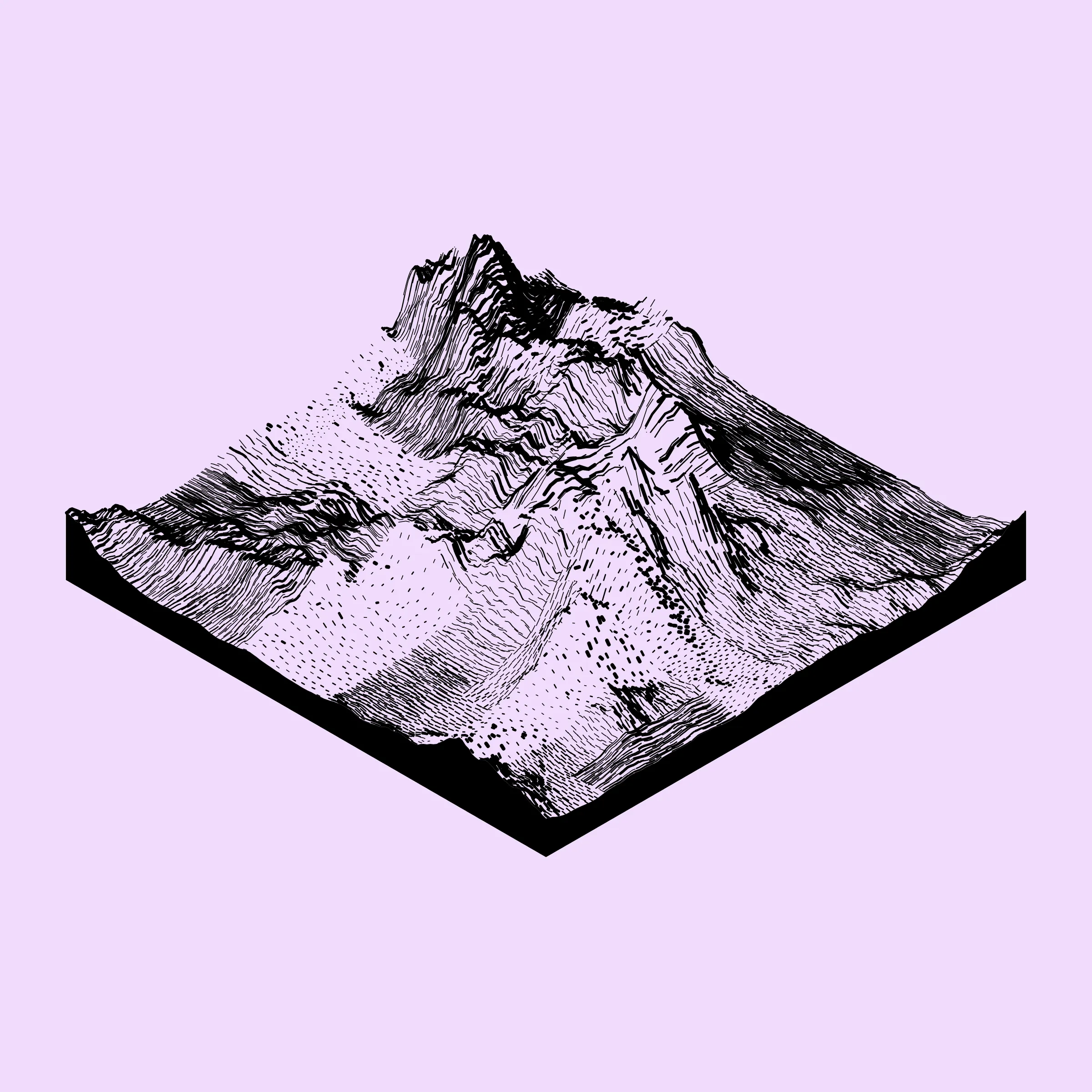 A generative algorithm that draws the impression of a landscape from a multitude of possibilities. The unique seed from each token drives the parametric assortment of lines, colors, and forms into a constructed composition.