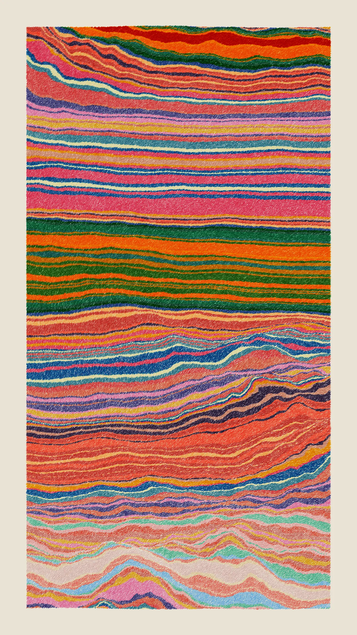 Stratified landforms constructed from many small strokes of colour. The hash of each token describes a coordinate within a multidimensional generative space, locating a unique composition that lies along one of many possible longitudes.