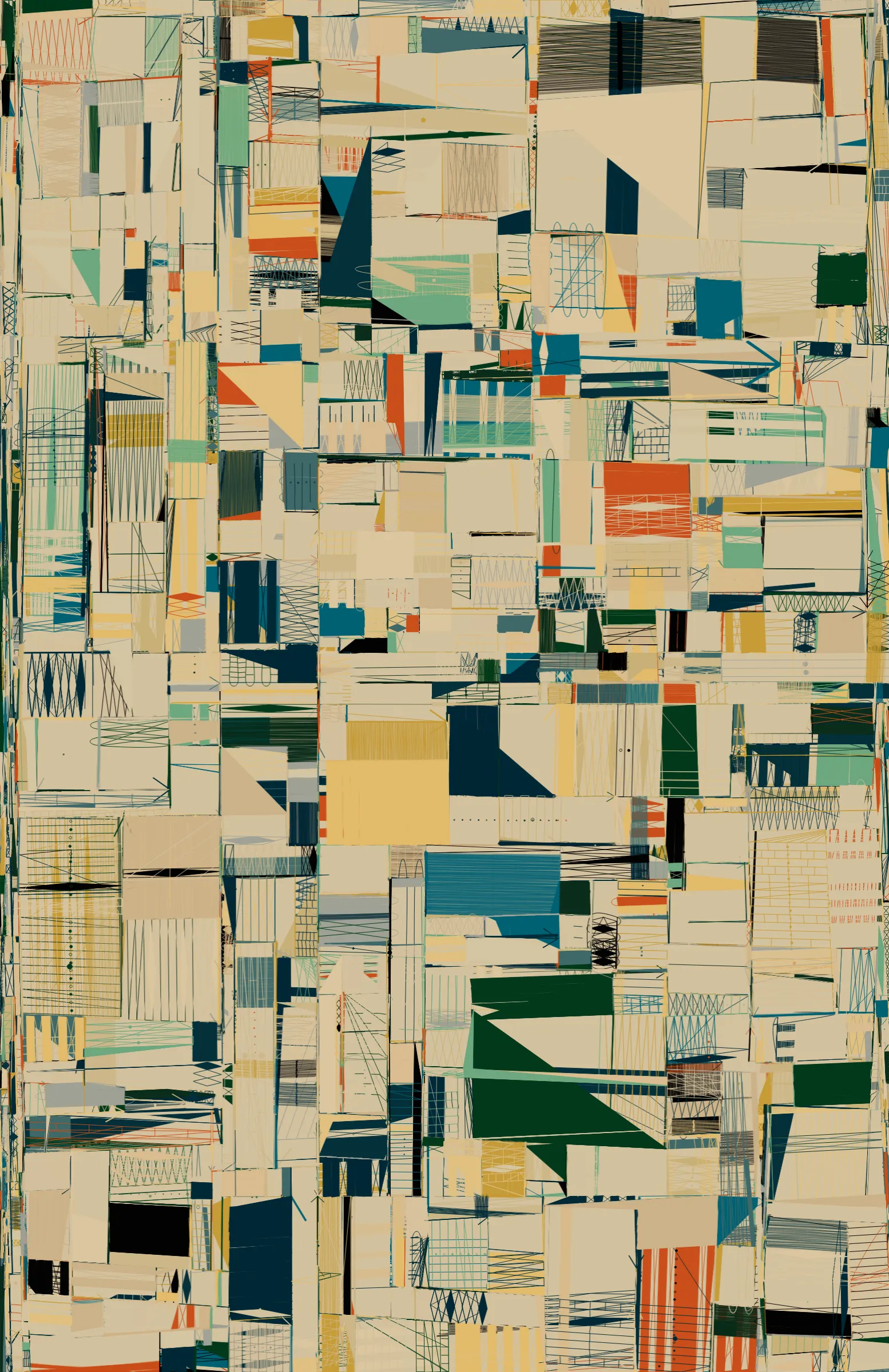 _100 PRINT_ is a nonfigurative, abstract generative drawing system based on the principles of visual perspective. Each edition is made up of carefully constructed lines and shapes that fit into a multidimensional world created on the fly, inviting the viewer to let their eyes wander and find pockets of what appear to be deliberately constructed objects in 3D space. _100 PRINT_ is an experimental project that draws inspiration from a wide variety of sources, including cubist and abstract expressionist artworks, printer test sheets, and Escher sketches. It represents a raw display of powerful drawing principles that have governed the construction of many artworks before it.