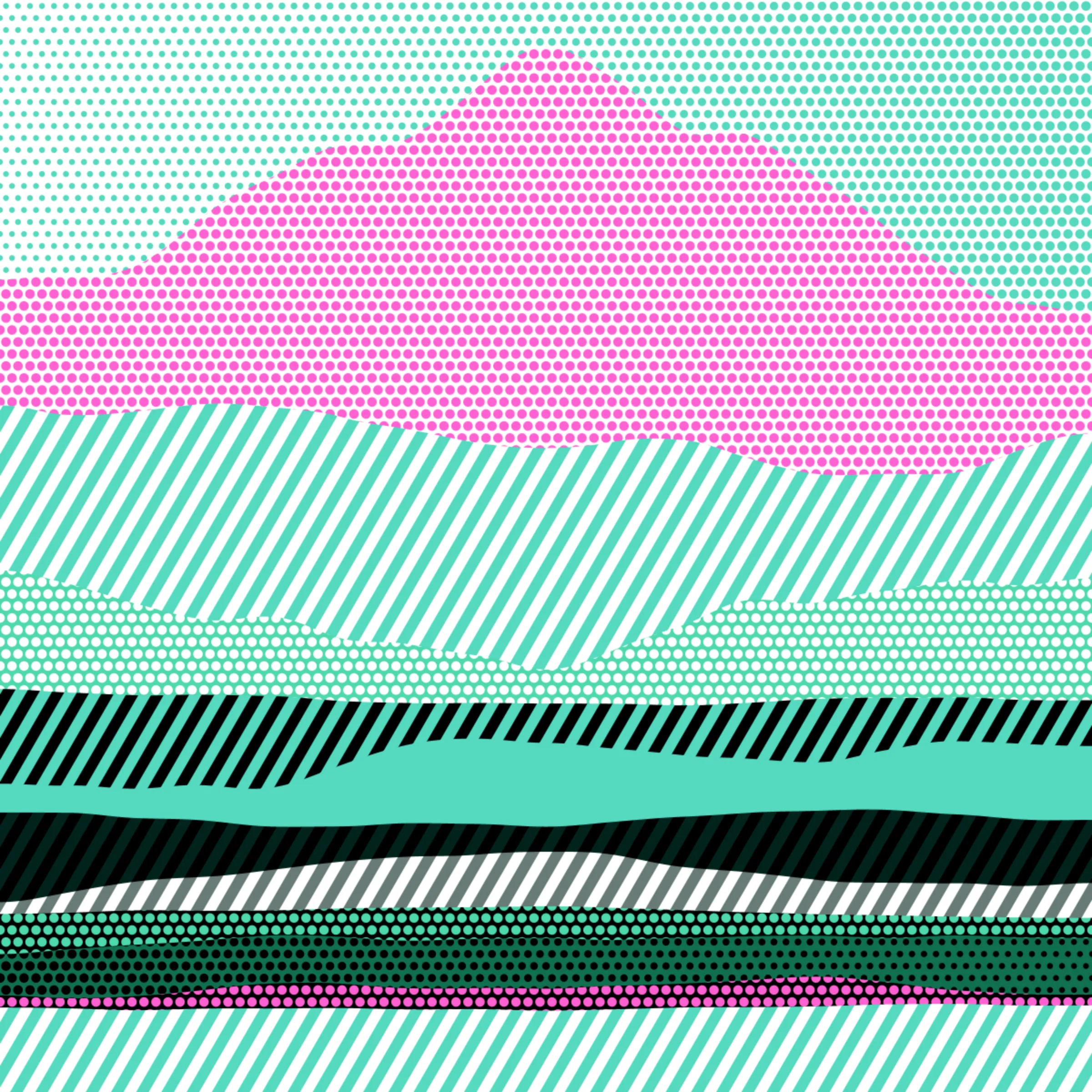 An ode to Roy Lichtenstein, incorporating his iconic version of Ben-Day dots, halftone dots, angled stripes, and solid color patches. Inspired by Roy's sea and landscape paintings, each artwork generates a unique combination of patterns, shapes, and colors.