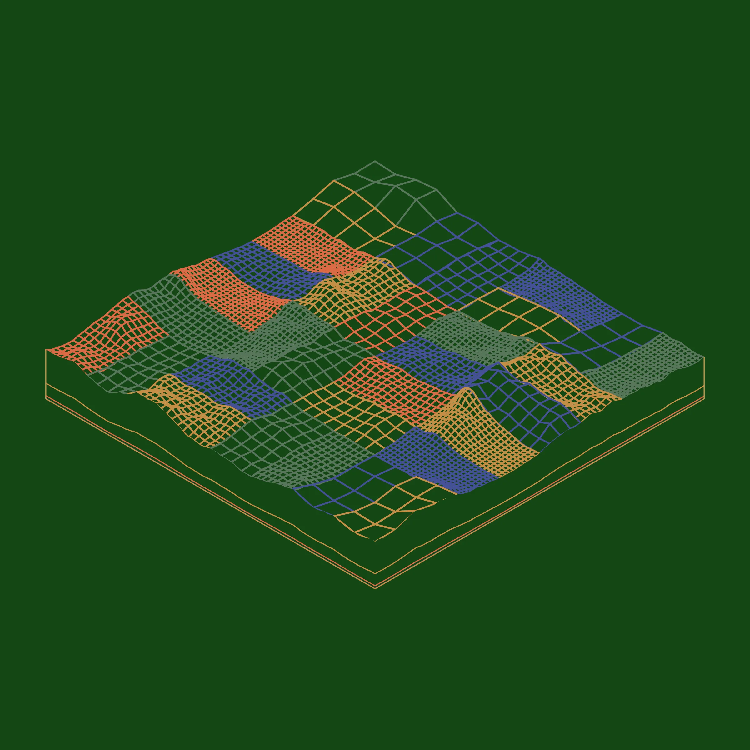 A generative algorithm that draws the impression of a landscape from a multitude of possibilities. The unique seed from each token drives the parametric assortment of lines, colors, and forms into a constructed composition.