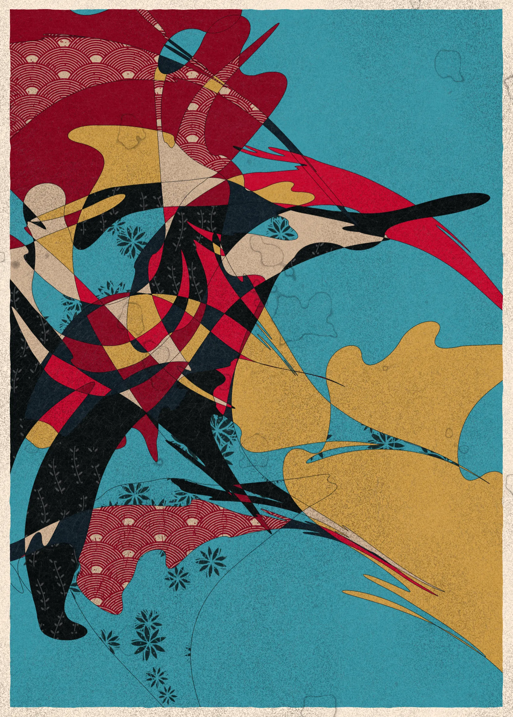 Memories of Qilin is inspired by traditional East Asian art. It channels the sense of movement and fluidity found in classical Chinese brushwork, while drawing from the colors, patterns, and forms of ukiyo-e woodblock prints. 

The series explores elements of folklore, evoking the mythological imagery of dragons, phoenixes, flowers, and mountains.  The title references a fabled chimerical beast found throughout East Asian mythology (while the qilin is its Chinese name, it is also known in Korea as the girin and Japan as the kirin) that represents prosperity and luck.

Viewers are invited to interpret elusive forms that verge on representation. As with the stories passed on through generations, each piece is imagined, organic, and ever-in-flux.