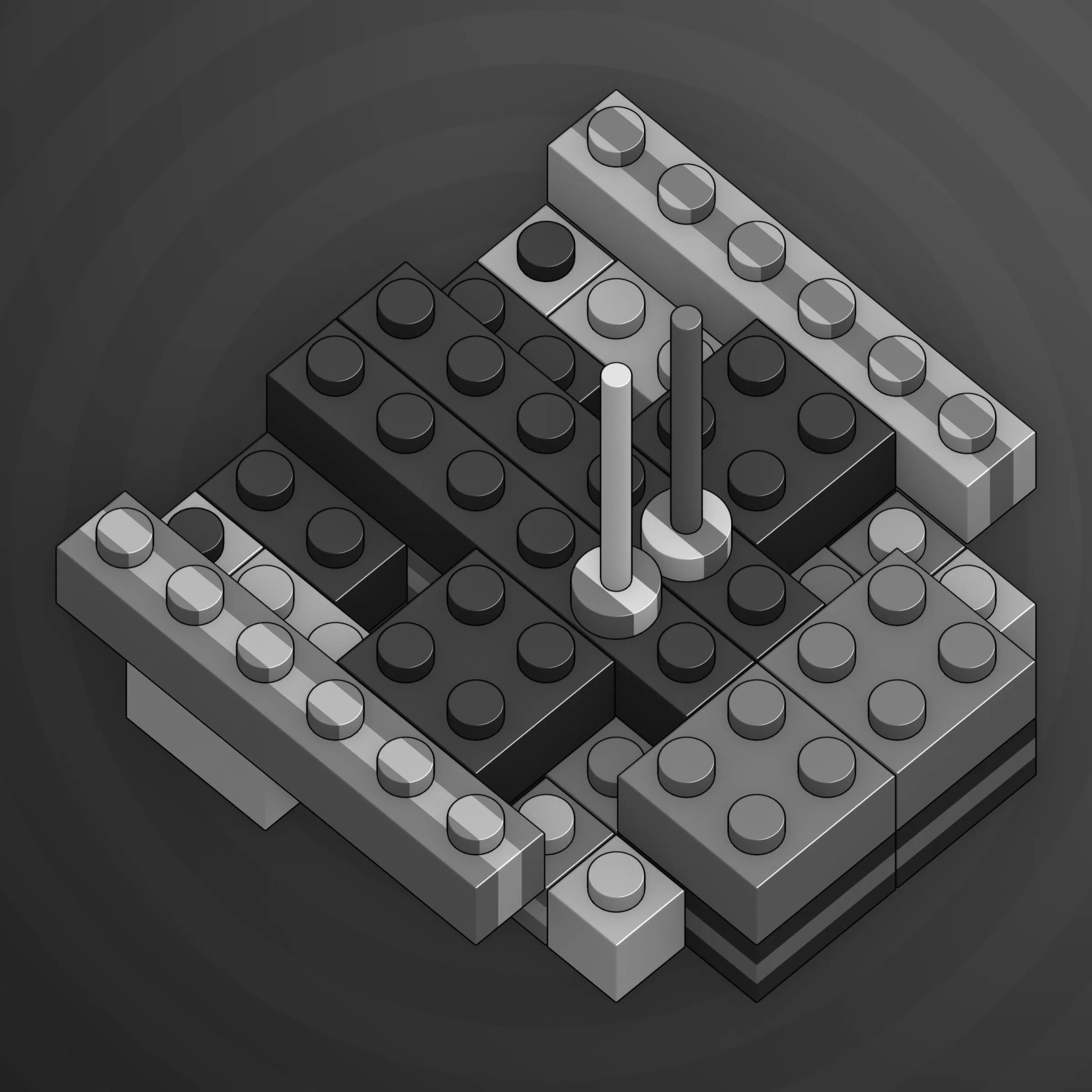 The project focuses on how easily one assigns meaning to seemingly random combinations of blocks, giving them personality and creating emotional connections.

I was inspired by Ringers, in which people see animals and other characters. I wanted to amplify this quality, and the idea of sculptures made of blocks clicked! Endless combinations, funny characters, and my passion for cubes, voxels, and modular systems.

To make the sculptures, I used technique of hybrid voxel raymarching, so we can say, the sculptures are made of colored void in a reflected space. Some of them may seem impossible due to the lack of perspective, but sooner or later it all clicks! It helps to keep in mind that all shapes are symmetrical.

The script uses modern features of GPU so it's supposed to work only on desktop: Chrome, Firefox or Safari