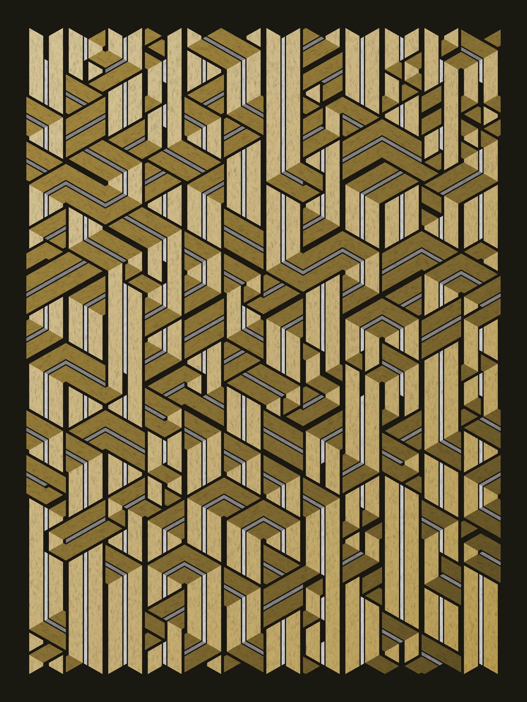 Lines are bent and shaded. There are no wrong turns. 

[Interaction in live view: press 1-7 or left/right arrow keys to see the stages of sketch construction: 1-grid, 2-divide, 3-tile, 4-bend, 5-shade, 6-color, 7-texture].