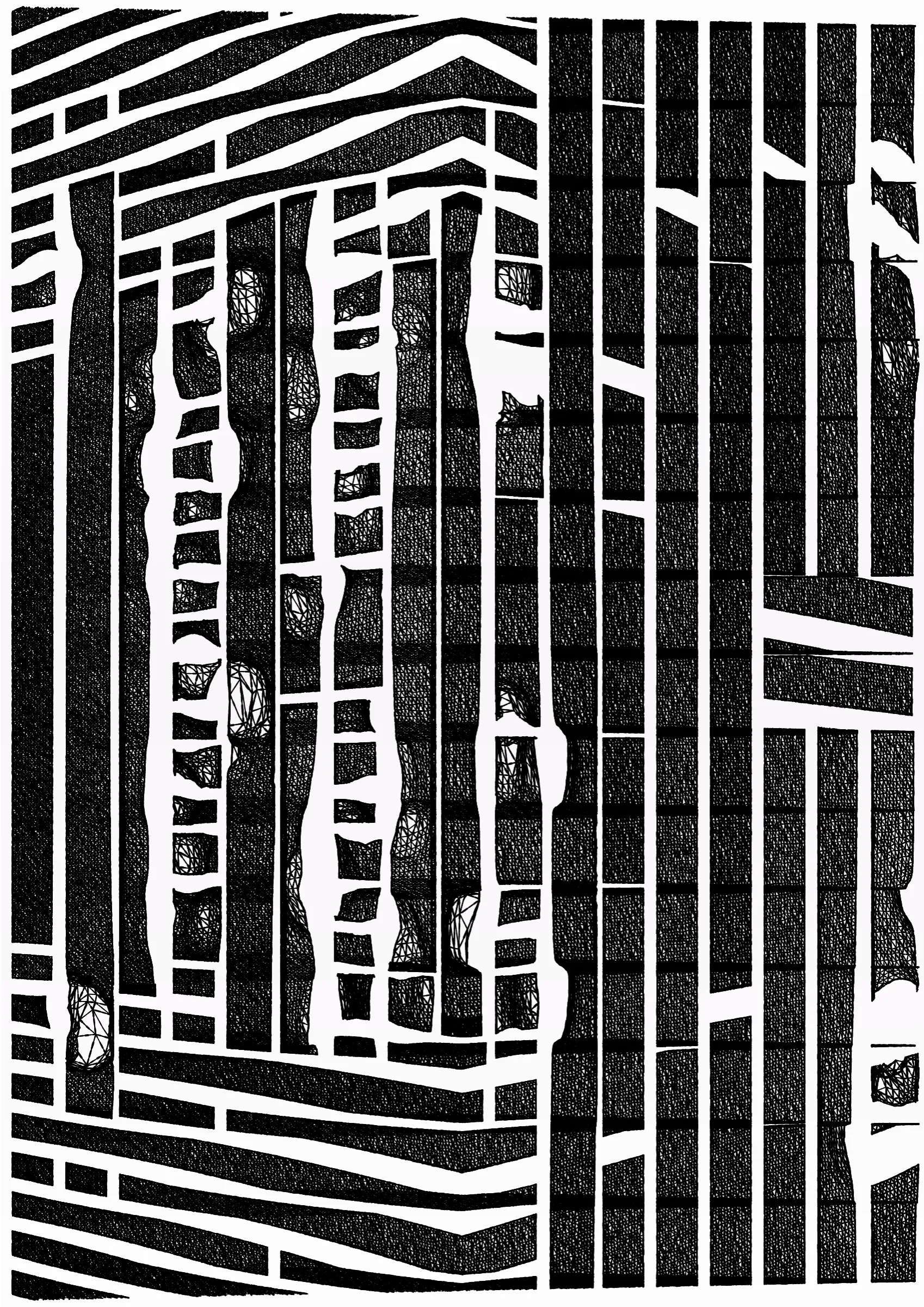 "Edifice" is a series of 976 massive, deteriorating structures built on strange terrain. It is an exploration of buildings being conceptualized, constructed, and eroded away under a wide variety of conditions. Edifice's outputs run the gamut between minimal and maximal, with some showing few large, static blocks of color, and others many small, highly textured and warped shapes. Each image is progressively constructed in front of the viewer's eyes. It is a system full of surprises that I'm excited to share with the world.