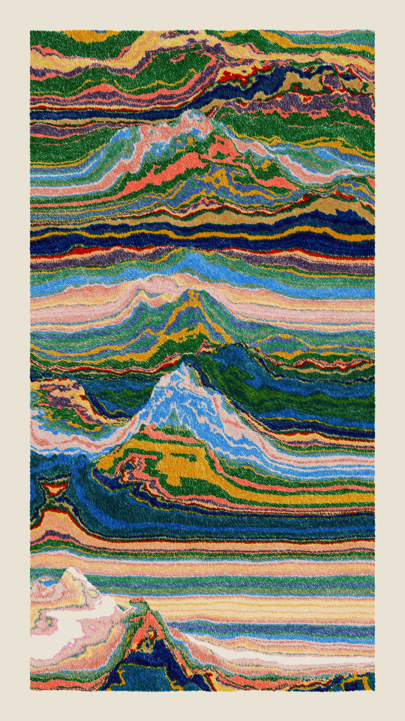 Stratified landforms constructed from many small strokes of colour. The hash of each token describes a coordinate within a multidimensional generative space, locating a unique composition that lies along one of many possible longitudes.