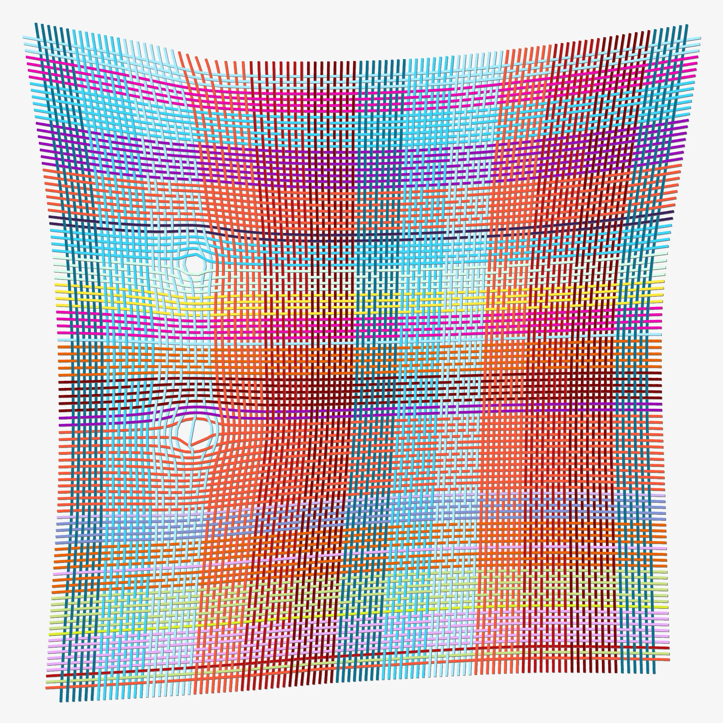 Horizontal and vertical threads weave together guided by a punching card generated at the moment of transaction. Often randomness distorts the orderly woven pattern. Thread colours are picked from a single colour palette. 10% of the sales from this drop will be donated to charity: water to bring clean and safe water to people in need.