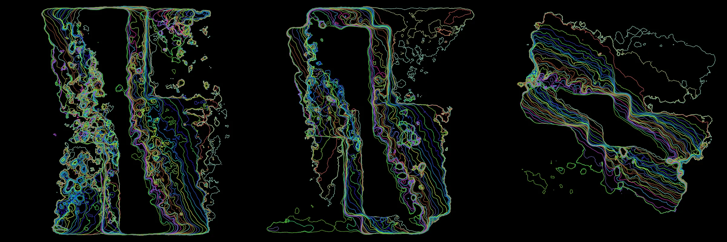 Primordial presents forms as diverse as those found in the natural world. The emergent system powering Primordial is capable of generating this diversity but is hard to control. After the initial generation there is a curation step; forms must meet certain criteria or the algorithm replaces them.

The forms produced by Primordial are presented in a triptych, as comparing multiple outputs is fundamental to understanding a generative algorithm. Primordial attempts to generate triptychs where the individual forms are related, and the results can be surprisingly harmonious or discordant.

Once the triptych is finalized, click on one of the forms to redraw a previous image. Press s to save the entire triptych, or 1-3 to save an individual image.
