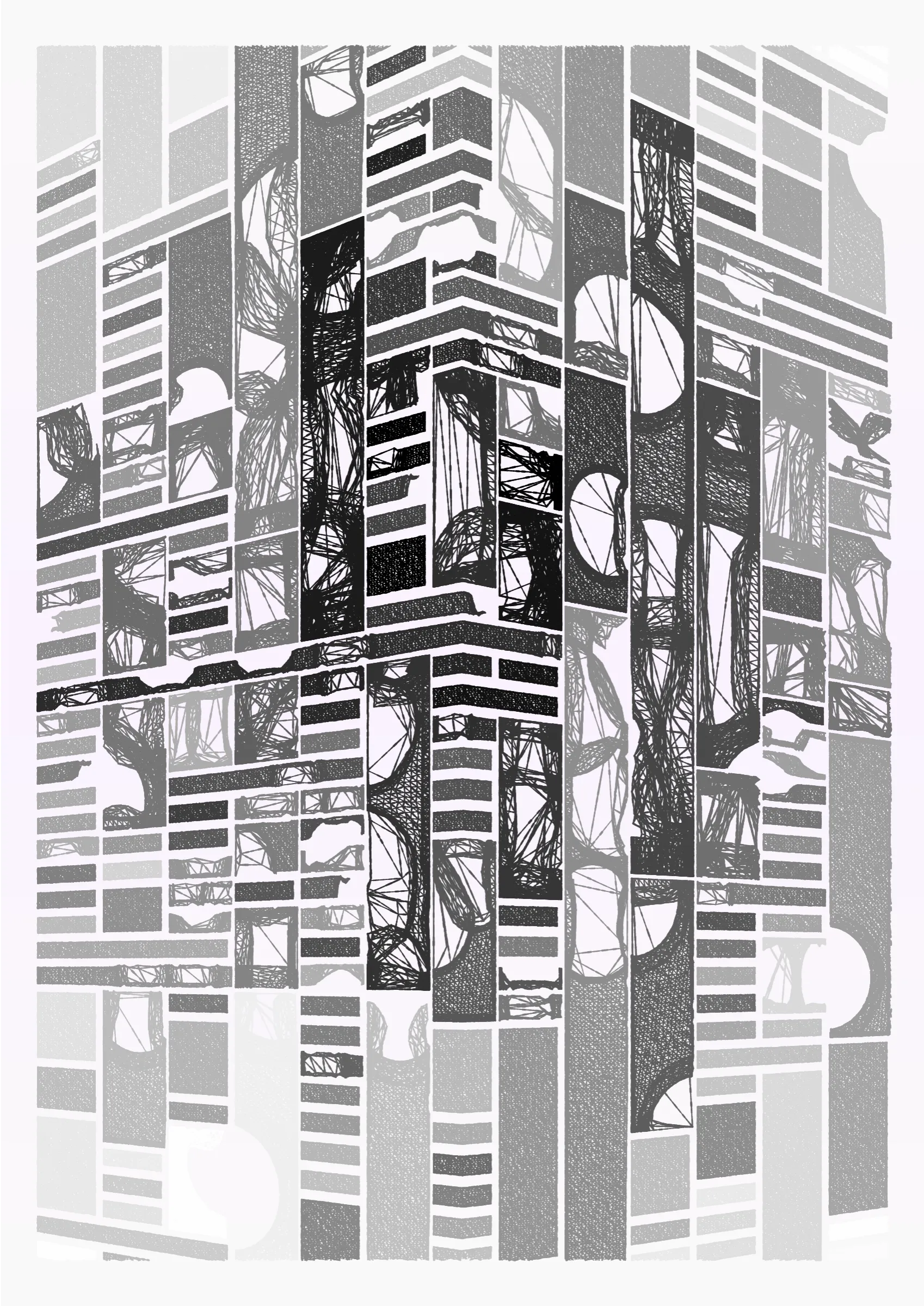 "Edifice" is a series of 976 massive, deteriorating structures built on strange terrain. It is an exploration of buildings being conceptualized, constructed, and eroded away under a wide variety of conditions. Edifice's outputs run the gamut between minimal and maximal, with some showing few large, static blocks of color, and others many small, highly textured and warped shapes. Each image is progressively constructed in front of the viewer's eyes. It is a system full of surprises that I'm excited to share with the world.