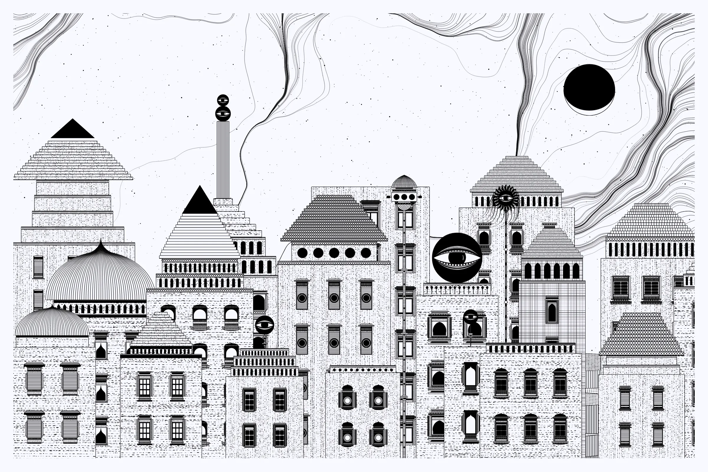 _Alan Ki Aankhen_ is an exploration of other-worldly cityscapes in the visual aesthetic of Fahad’s distinct style with pen and paper. The title, translated as _Alan’s Eyes_, alludes to Alan Turing’s machine intelligence test - a thought experiment foreshadowing a moment in which we can no longer differentiate between the real and the artificial. Though first proposed in 1950, the topic feels especially relevant today, as even our creative practices are being carried by shifting technological tides.

The algorithms and decision-making encoded into this generative art project intentionally imitate Fahad’s approach on traditional mediums - composition rules, textures, and overall themes. The visual elements are inspired by Fahad’s memories from his nomadic life. You’ll find intricate windows from Rajasthan, massive Egyptian pyramids rising from the horizon, a density of civilization only seen in New York, and the moon - a comforting and shared sight no matter where you stand.
