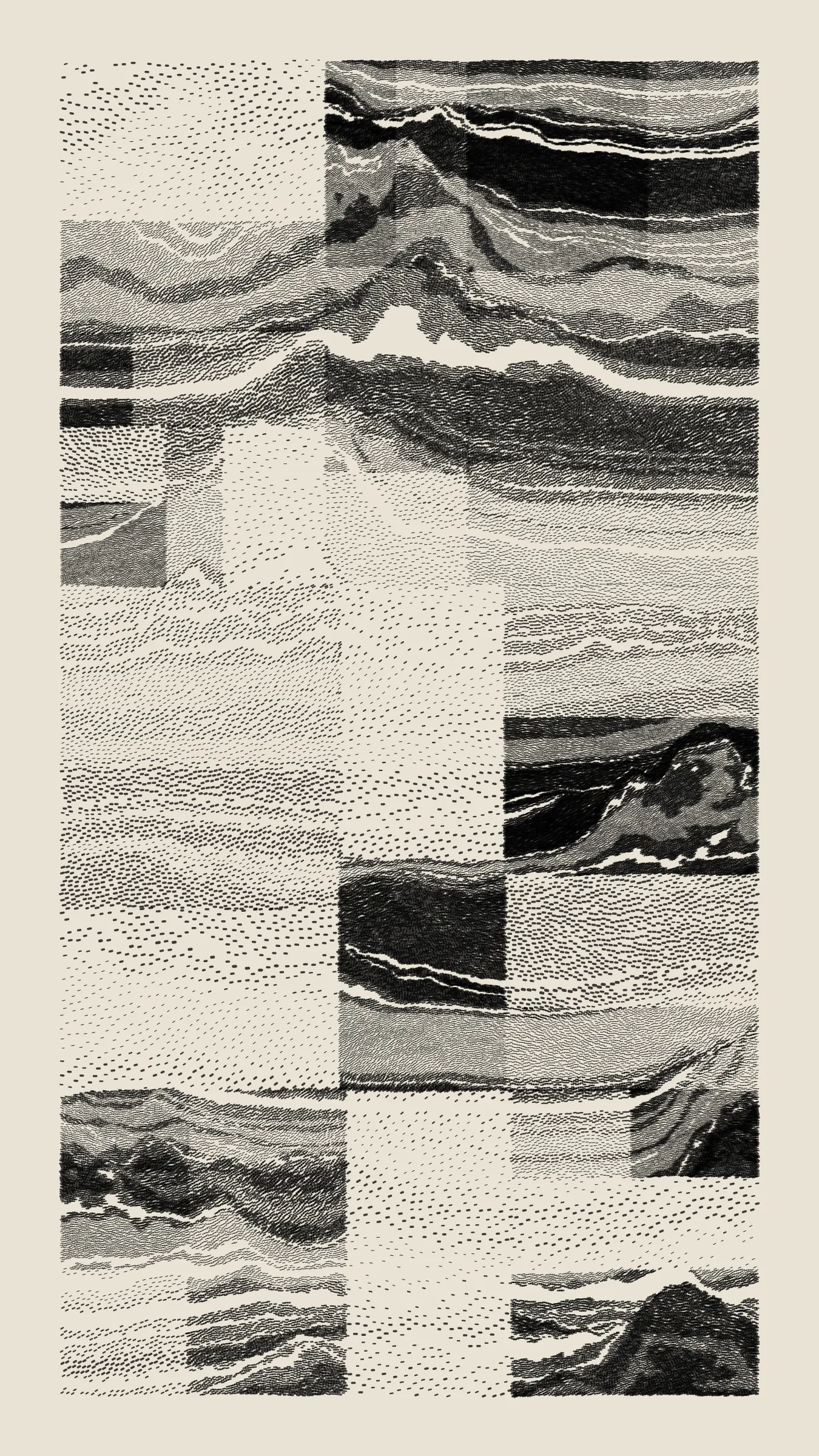 Stratified landforms constructed from many small strokes of colour. The hash of each token describes a coordinate within a multidimensional generative space, locating a unique composition that lies along one of many possible longitudes.