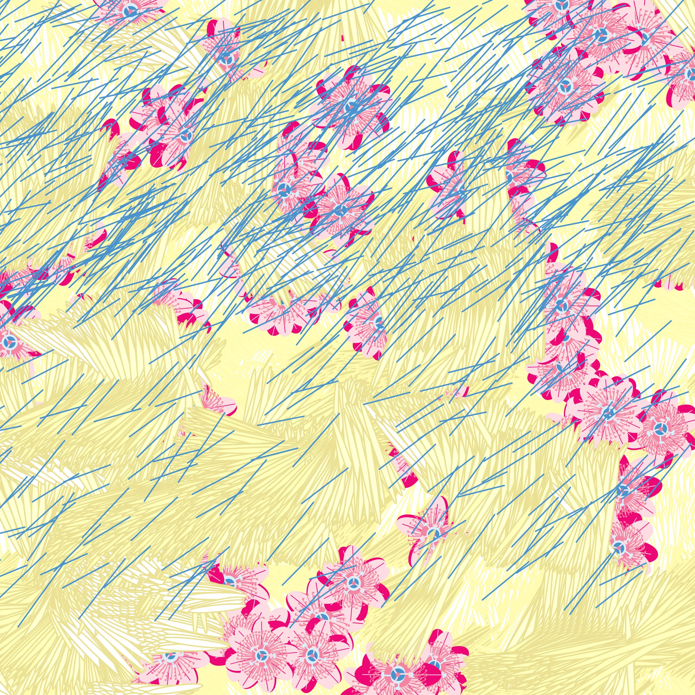“Fragments of an infinite field” is a compositional system in which an idealized plant species is generated and arranged in a potentially infinite field of foliage. The main environmental parameter of the composition is the determination of a season of the year. The season determines the landscape’s colors and defines specific phenomena for each of them, such as rain in summer, snow in winter, petals falling in autumn, and pollen in spring. The flower has several possible variables, which can be macro aspects, affecting the entire population of the species, or micro, affecting each individual of the species differently. For example, the number of petals can be equal in all individuals or not. The number of filaments and other structures of the flower can undergo minor deviations, generating small mutations. The confusion between the figure (plant) and the background (earth, sky, other natural elements) is fascinating from a compositional point of view. The background colors are, most of the time, colors present in the figures, often breaking the boundary between them and, therefore, generating chromatic masses. In this project I also intend to research the following question: How to create parameters that resemble a living organism's growth? In this sense, the project approaches digital morphogenesis and the development of procedural organisms.