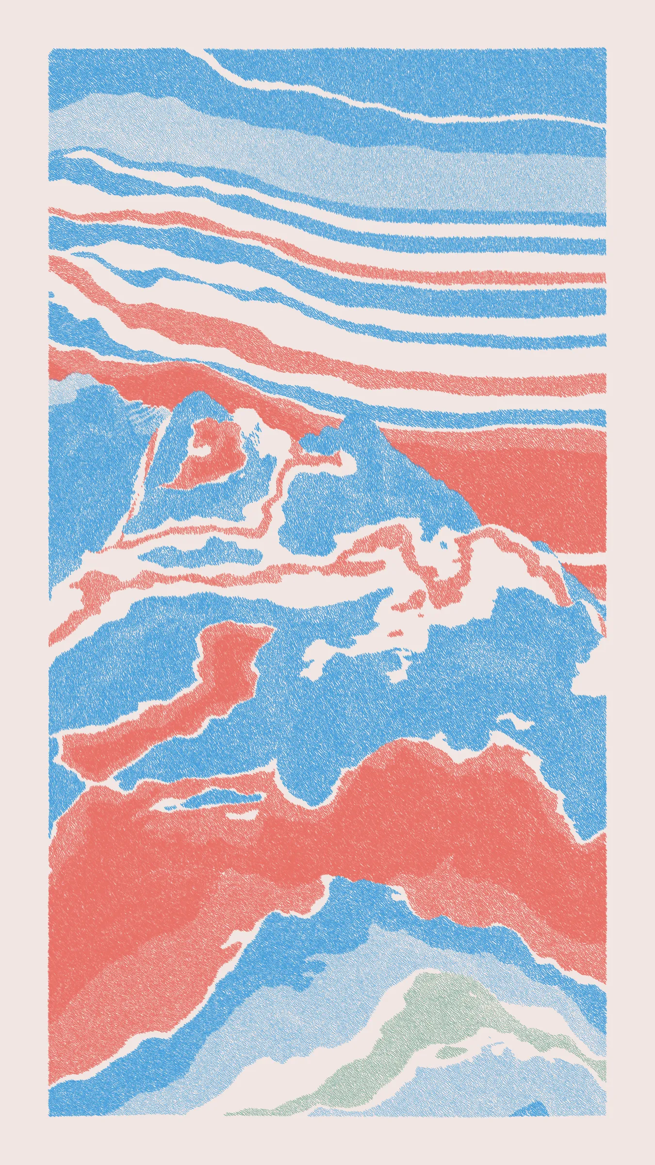 Stratified landforms constructed from many small strokes of colour. The hash of each token describes a coordinate within a multidimensional generative space, locating a unique composition that lies along one of many possible longitudes.