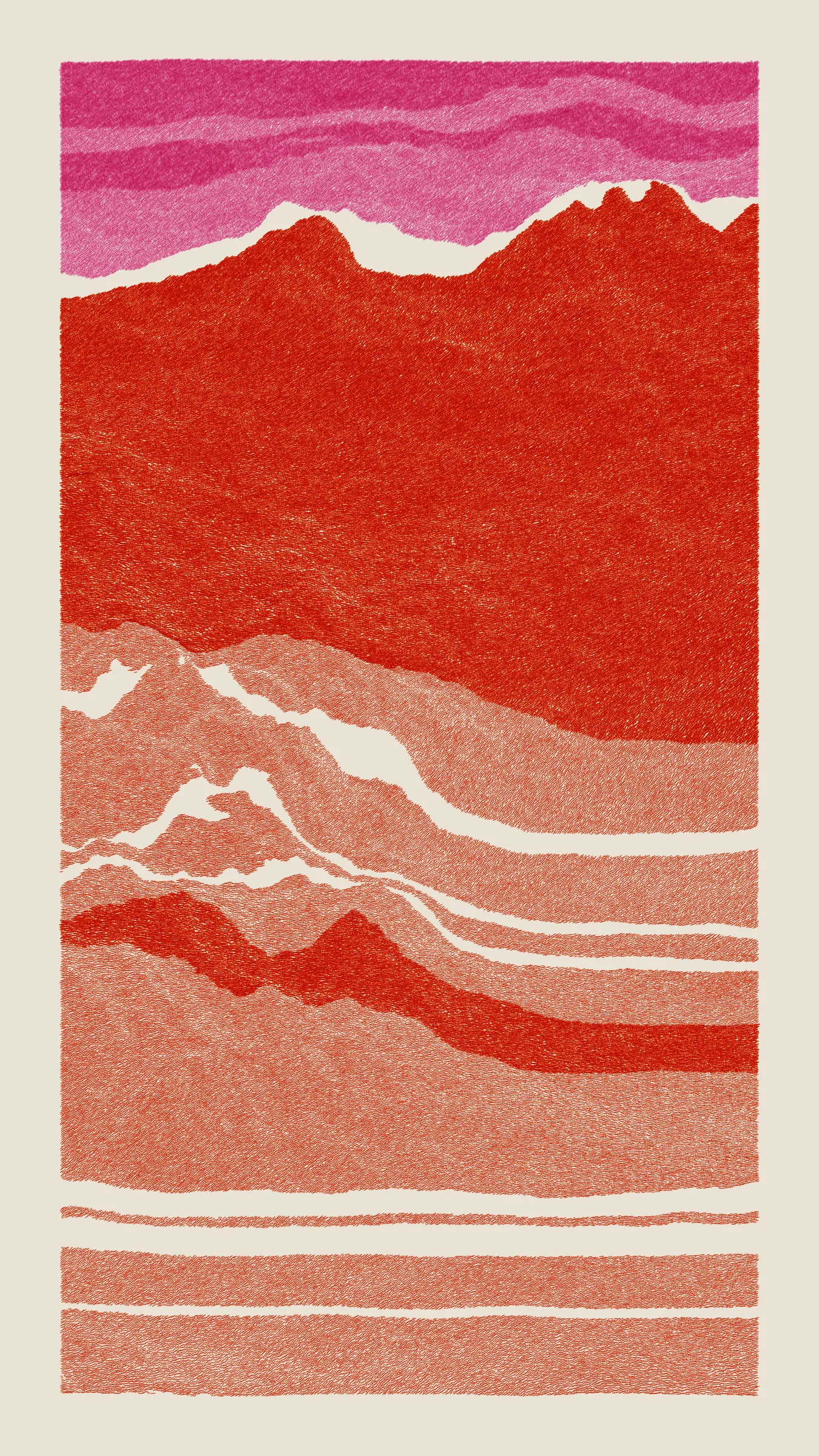 Stratified landforms constructed from many small strokes of colour. The hash of each token describes a coordinate within a multidimensional generative space, locating a unique composition that lies along one of many possible longitudes.