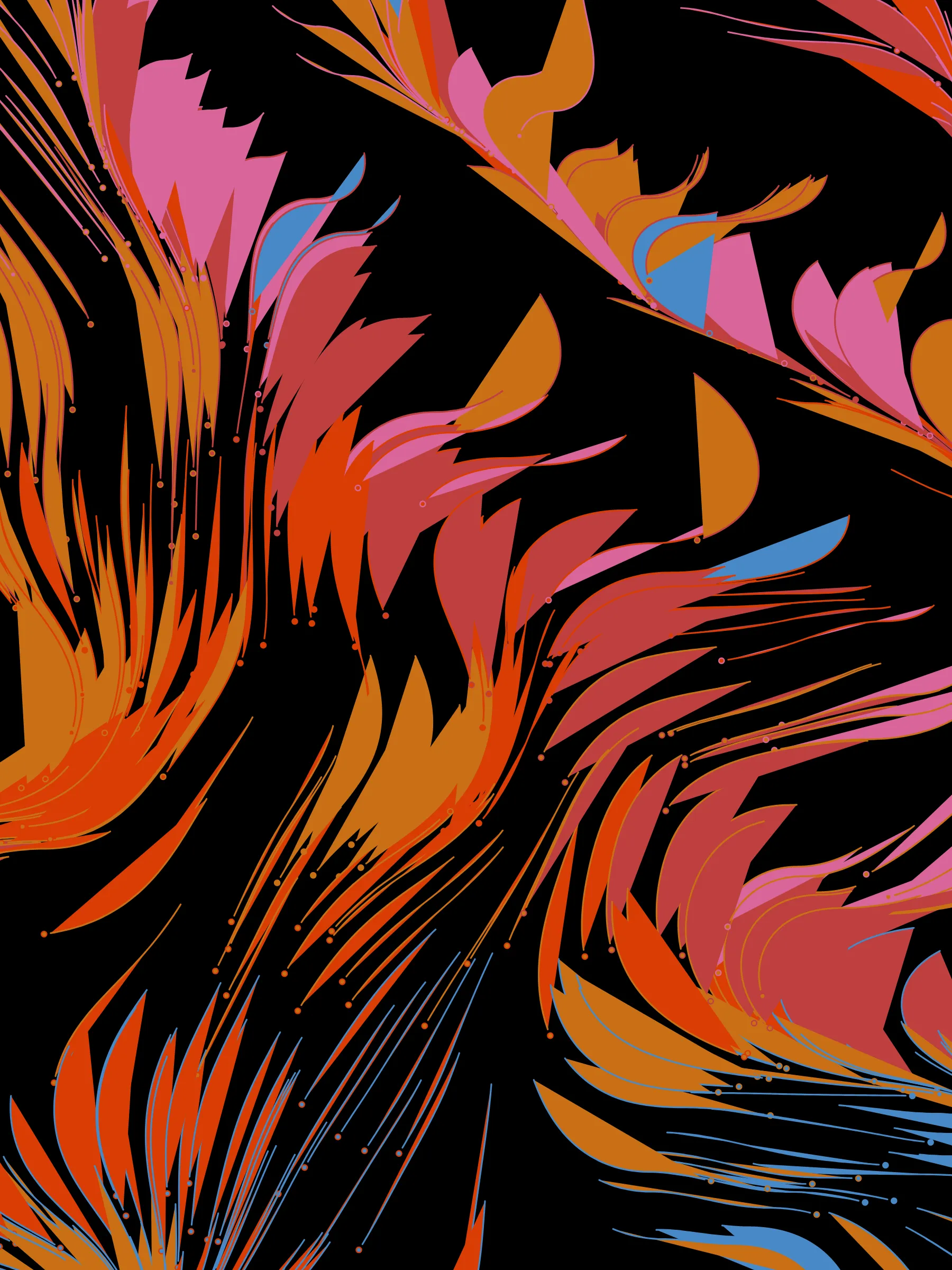 "Foliage" is a moment of pause. The project is born from the futile attempt to catch a breath of wind, the one that no one sees but everyone notices when the leaves hang trembling. Inspired by long days near the Rio de la Plata studying the wind, this series of 250 foliage is an exploration of how angles and colors can generate the illusion of movement and harmony. "Foliage" is inspired on wind data visualizations where the use of angles and vectors speak of a trajectory. Winds, like data, travel through our world leaving a trace;  this time hosted immutably on the Ethereum Blockchain.