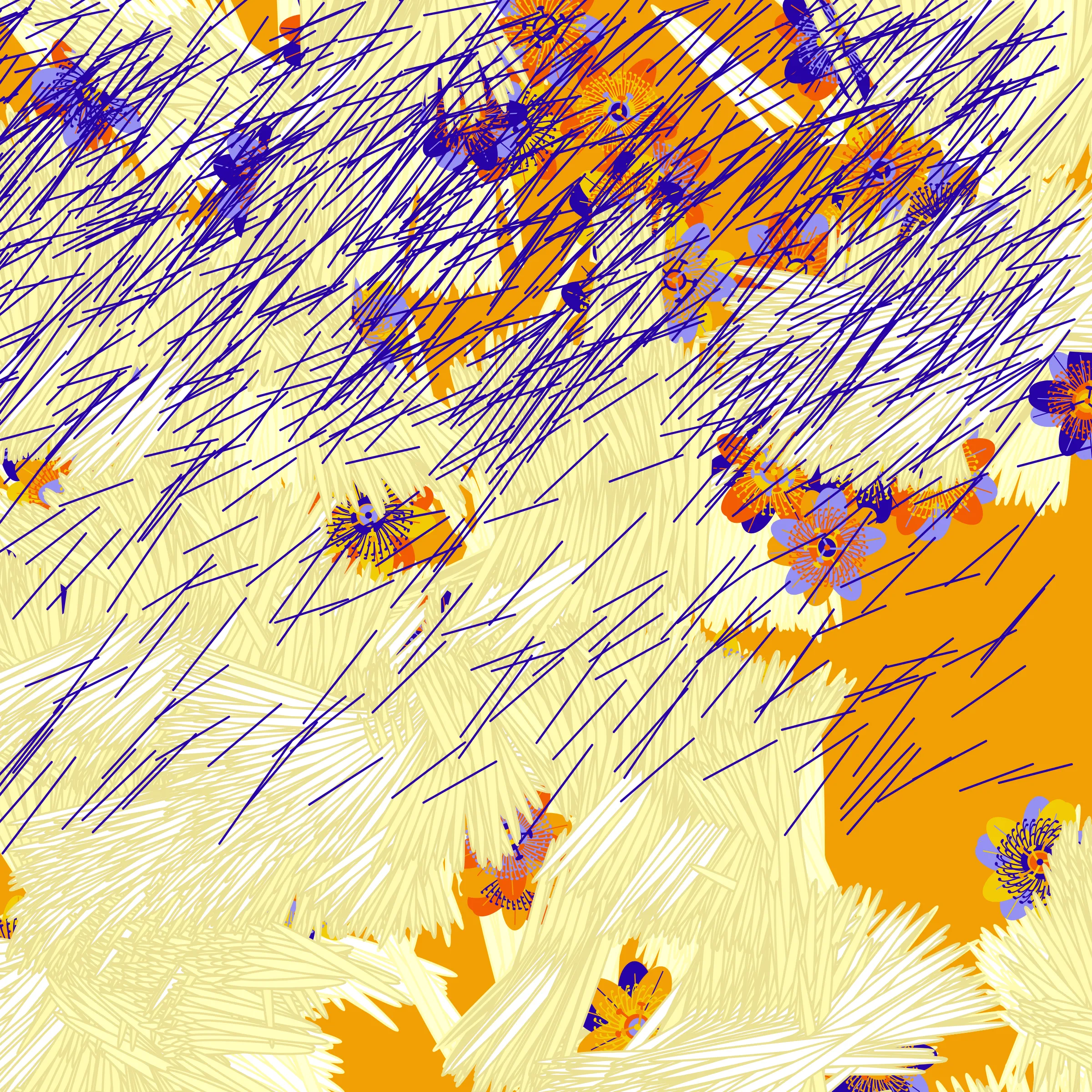 “Fragments of an infinite field” is a compositional system in which an idealized plant species is generated and arranged in a potentially infinite field of foliage. The main environmental parameter of the composition is the determination of a season of the year. The season determines the landscape’s colors and defines specific phenomena for each of them, such as rain in summer, snow in winter, petals falling in autumn, and pollen in spring. The flower has several possible variables, which can be macro aspects, affecting the entire population of the species, or micro, affecting each individual of the species differently. For example, the number of petals can be equal in all individuals or not. The number of filaments and other structures of the flower can undergo minor deviations, generating small mutations. The confusion between the figure (plant) and the background (earth, sky, other natural elements) is fascinating from a compositional point of view. The background colors are, most of the time, colors present in the figures, often breaking the boundary between them and, therefore, generating chromatic masses. In this project I also intend to research the following question: How to create parameters that resemble a living organism's growth? In this sense, the project approaches digital morphogenesis and the development of procedural organisms.
