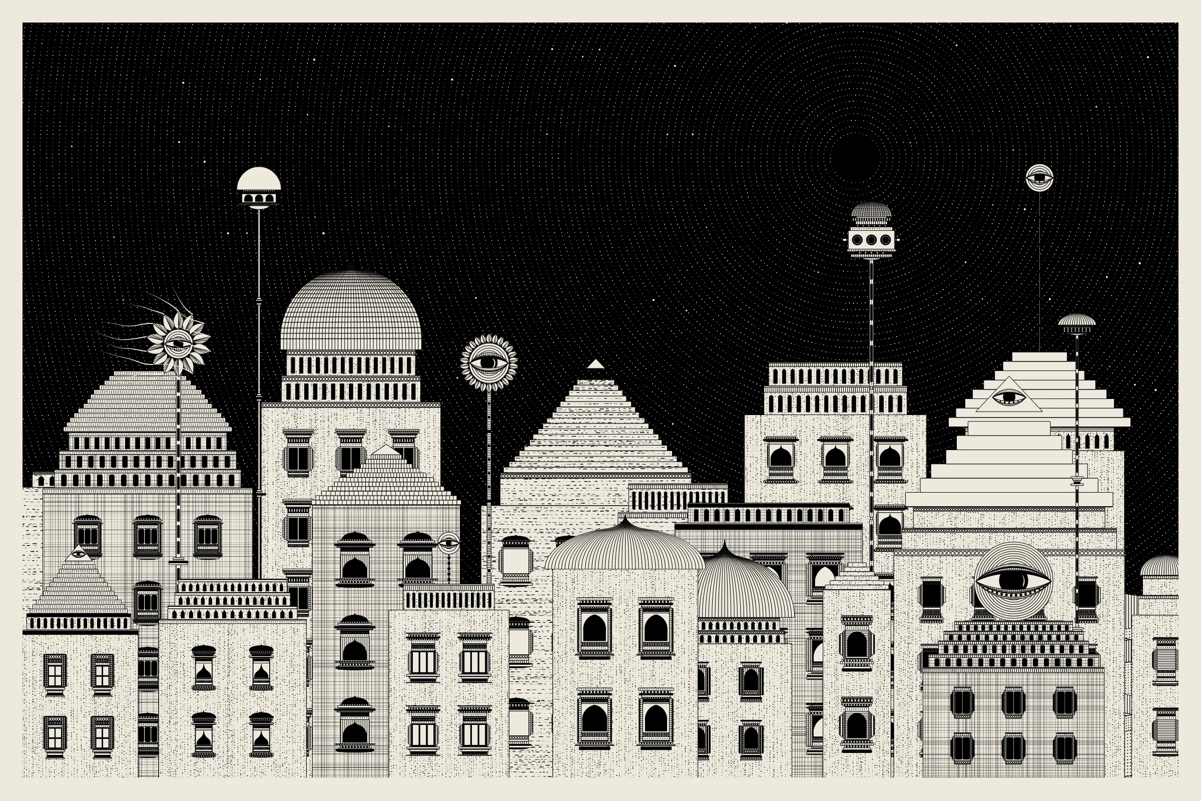 _Alan Ki Aankhen_ is an exploration of other-worldly cityscapes in the visual aesthetic of Fahad’s distinct style with pen and paper. The title, translated as _Alan’s Eyes_, alludes to Alan Turing’s machine intelligence test - a thought experiment foreshadowing a moment in which we can no longer differentiate between the real and the artificial. Though first proposed in 1950, the topic feels especially relevant today, as even our creative practices are being carried by shifting technological tides.

The algorithms and decision-making encoded into this generative art project intentionally imitate Fahad’s approach on traditional mediums - composition rules, textures, and overall themes. The visual elements are inspired by Fahad’s memories from his nomadic life. You’ll find intricate windows from Rajasthan, massive Egyptian pyramids rising from the horizon, a density of civilization only seen in New York, and the moon - a comforting and shared sight no matter where you stand.