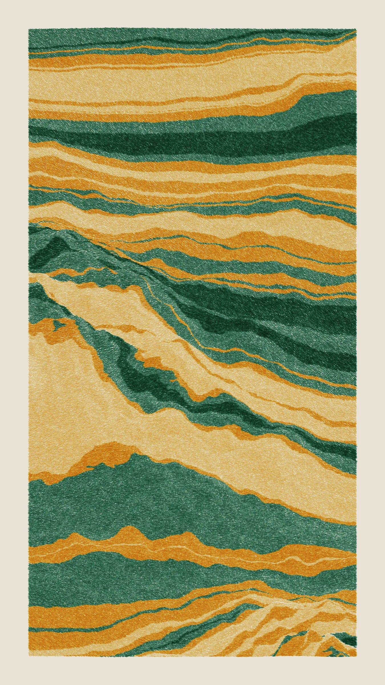 Stratified landforms constructed from many small strokes of colour. The hash of each token describes a coordinate within a multidimensional generative space, locating a unique composition that lies along one of many possible longitudes.