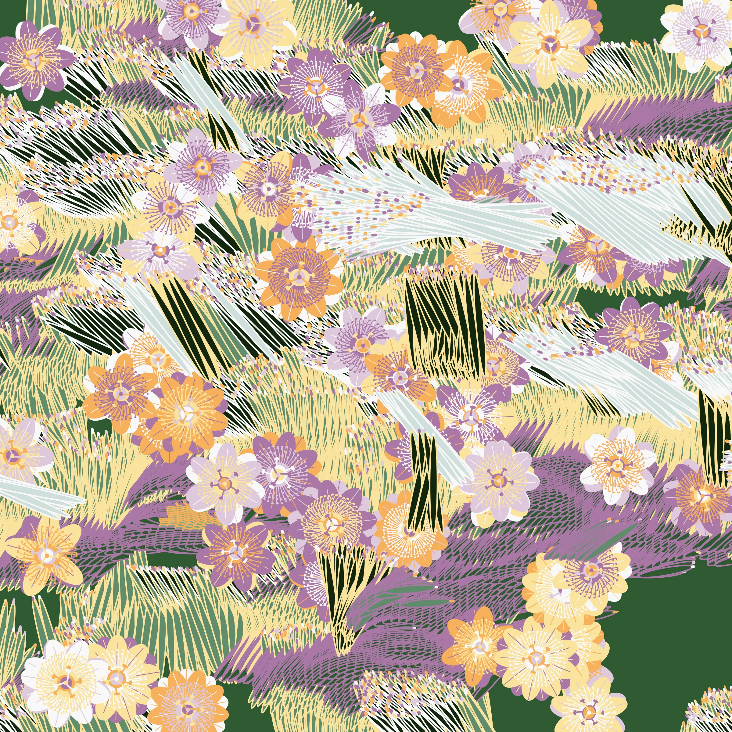 “Fragments of an infinite field” is a compositional system in which an idealized plant species is generated and arranged in a potentially infinite field of foliage. The main environmental parameter of the composition is the determination of a season of the year. The season determines the landscape’s colors and defines specific phenomena for each of them, such as rain in summer, snow in winter, petals falling in autumn, and pollen in spring. The flower has several possible variables, which can be macro aspects, affecting the entire population of the species, or micro, affecting each individual of the species differently. For example, the number of petals can be equal in all individuals or not. The number of filaments and other structures of the flower can undergo minor deviations, generating small mutations. The confusion between the figure (plant) and the background (earth, sky, other natural elements) is fascinating from a compositional point of view. The background colors are, most of the time, colors present in the figures, often breaking the boundary between them and, therefore, generating chromatic masses. In this project I also intend to research the following question: How to create parameters that resemble a living organism's growth? In this sense, the project approaches digital morphogenesis and the development of procedural organisms.