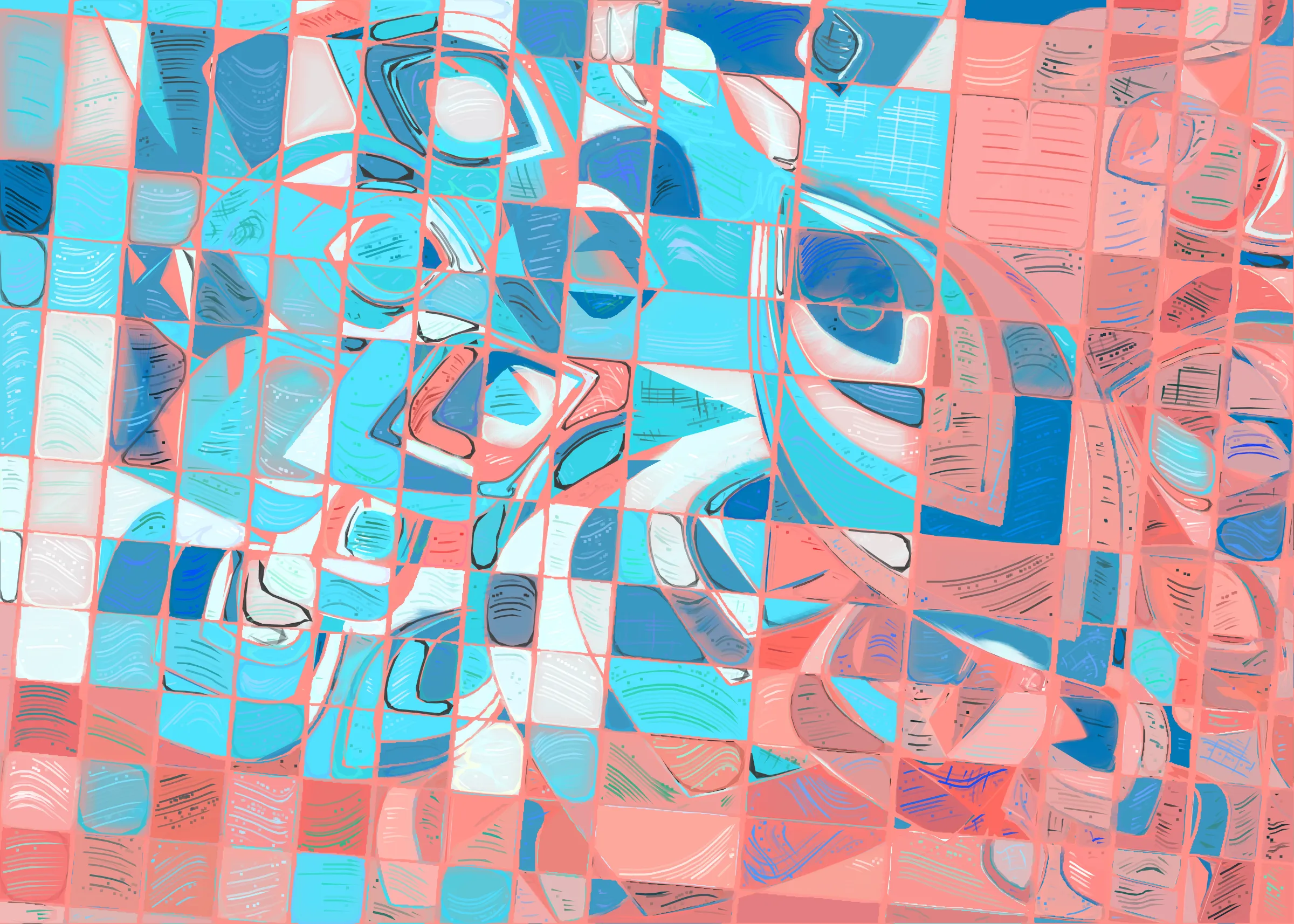 **Running Moon** depicts the nuanced interaction between clouds and moonlight. It is a search for boundaries between structure and fluidity, precision and errors. It is a quest for harmony. 

The rendering of **Running Moon** is inspired by stained glass and watercolor. It captures the sharpness of the glass and the softness of light using abstract forms. As organic shapes gradually expand to fill the space, brush-pen-like stripes solder these pieces together to form intricate compositions.