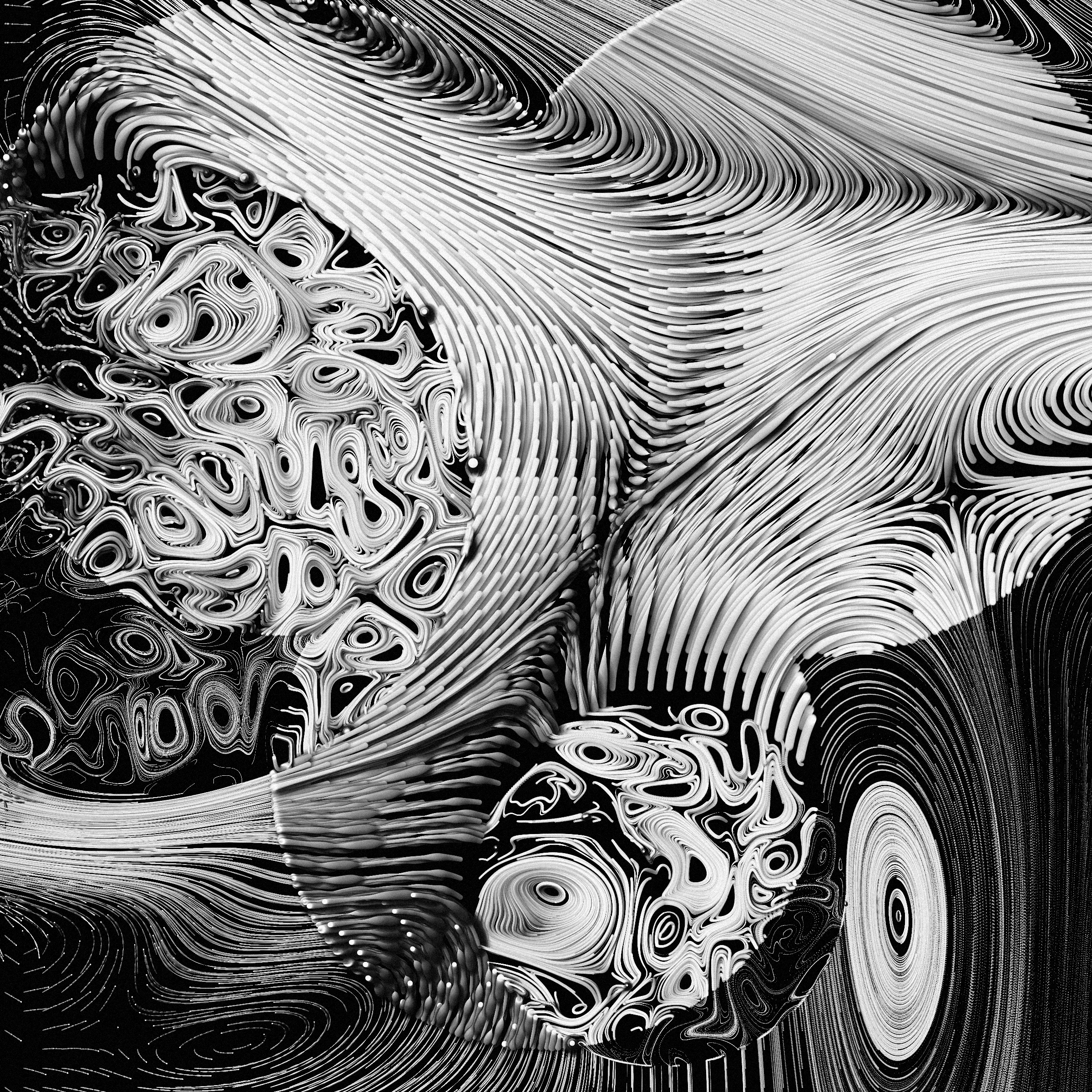 Drifting apart as the little islands that we are, you may ask yourself
_What is bigger - the inner space or the outer?_

This project was inspired by the multitudes we keep within us. The harsh shadows and the combination of pure 2d rendering with a 3d effect mimic feelings of separation from the rest of the world. Their undetermined scale reflects the seemingly unlimited depths of consciousness.

_The Inner World_ starts its rendering from one or more circular cores representing the centers of our personalities. Each of these cores spawns various thoughts and emotions, flowing as tendrils through the scene, making connections among themselves or reaching for the outside. Their movement ranges from straight and orderly to (seemingly) chaotic, sometimes twisting the clean underlying personality center into a completely different shape. Two rendering styles (illustrative and shaded) with palettes ranging from cool, gloomy and serious to cheerful or dramatic reflect the variety of predispositions.

While waiting for the rendering to complete, look at the focus animation highlighting the circular cores of your piece. You're invited to spend this time pondering how everything you know, everything you have or will ever experience, and even the most majestic sights from stars to microbes fit into the space between your ears.
