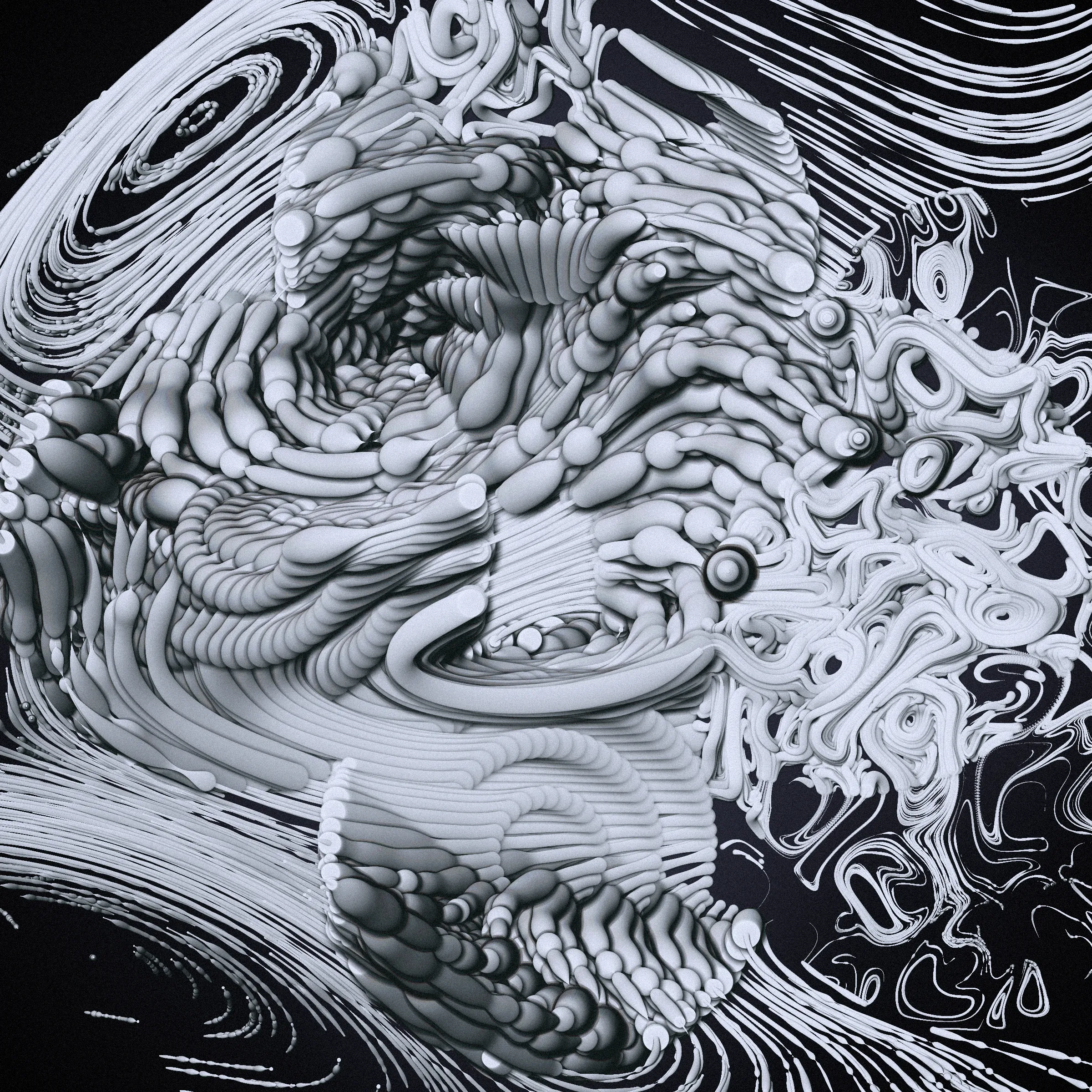 Drifting apart as the little islands that we are, you may ask yourself
_What is bigger - the inner space or the outer?_

This project was inspired by the multitudes we keep within us. The harsh shadows and the combination of pure 2d rendering with a 3d effect mimic feelings of separation from the rest of the world. Their undetermined scale reflects the seemingly unlimited depths of consciousness.

_The Inner World_ starts its rendering from one or more circular cores representing the centers of our personalities. Each of these cores spawns various thoughts and emotions, flowing as tendrils through the scene, making connections among themselves or reaching for the outside. Their movement ranges from straight and orderly to (seemingly) chaotic, sometimes twisting the clean underlying personality center into a completely different shape. Two rendering styles (illustrative and shaded) with palettes ranging from cool, gloomy and serious to cheerful or dramatic reflect the variety of predispositions.

While waiting for the rendering to complete, look at the focus animation highlighting the circular cores of your piece. You're invited to spend this time pondering how everything you know, everything you have or will ever experience, and even the most majestic sights from stars to microbes fit into the space between your ears.