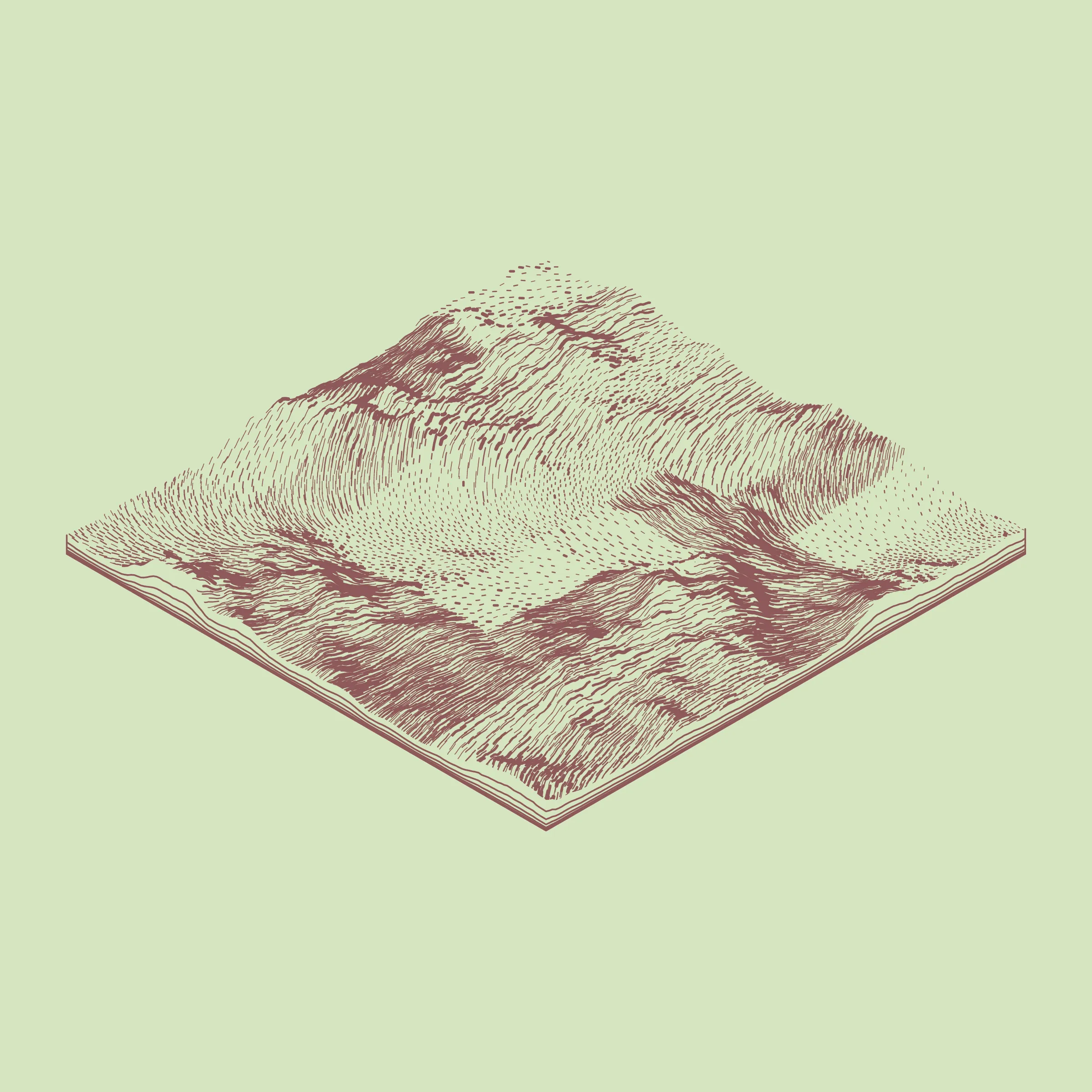 A generative algorithm that draws the impression of a landscape from a multitude of possibilities. The unique seed from each token drives the parametric assortment of lines, colors, and forms into a constructed composition.