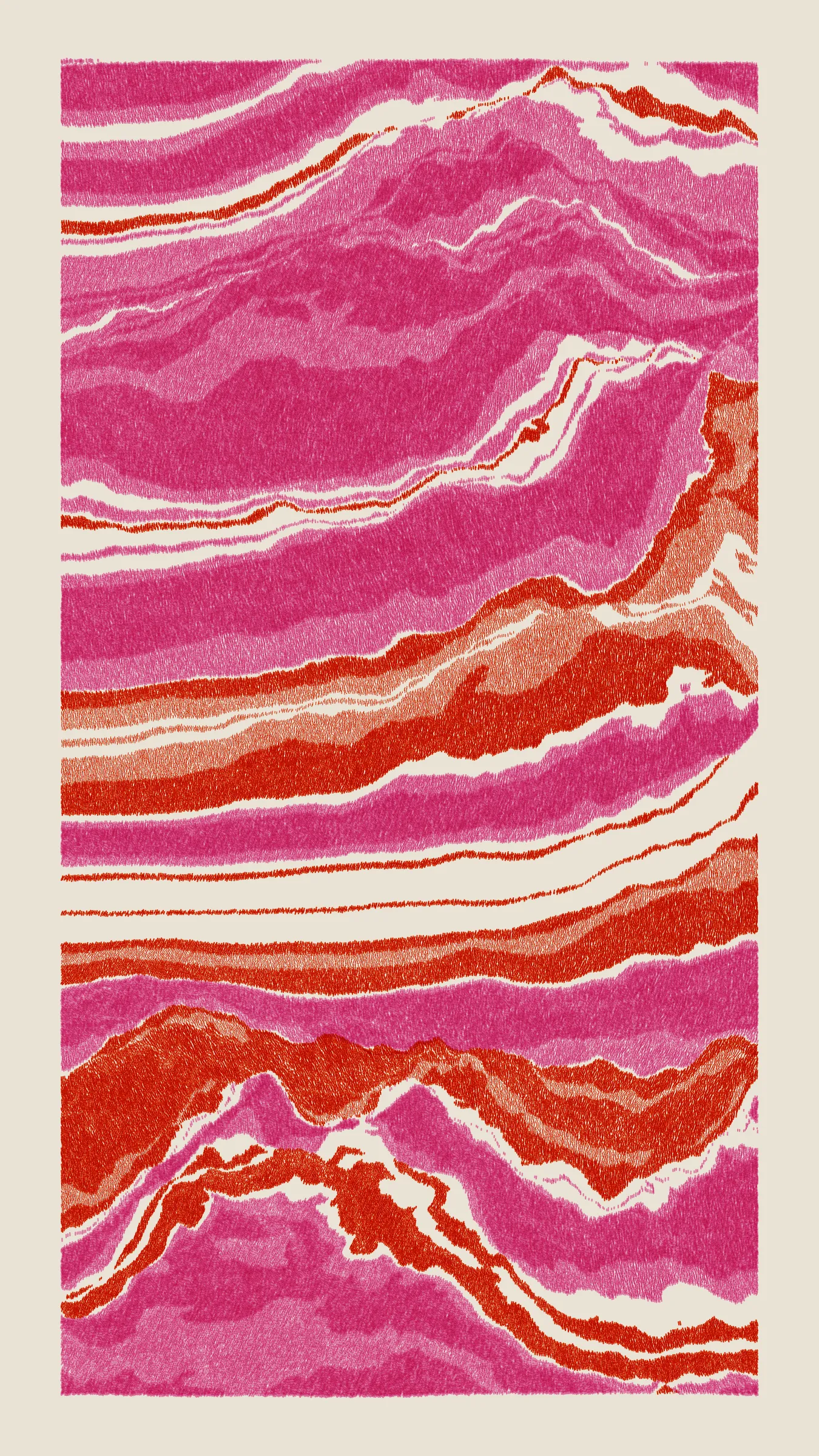 Stratified landforms constructed from many small strokes of colour. The hash of each token describes a coordinate within a multidimensional generative space, locating a unique composition that lies along one of many possible longitudes.