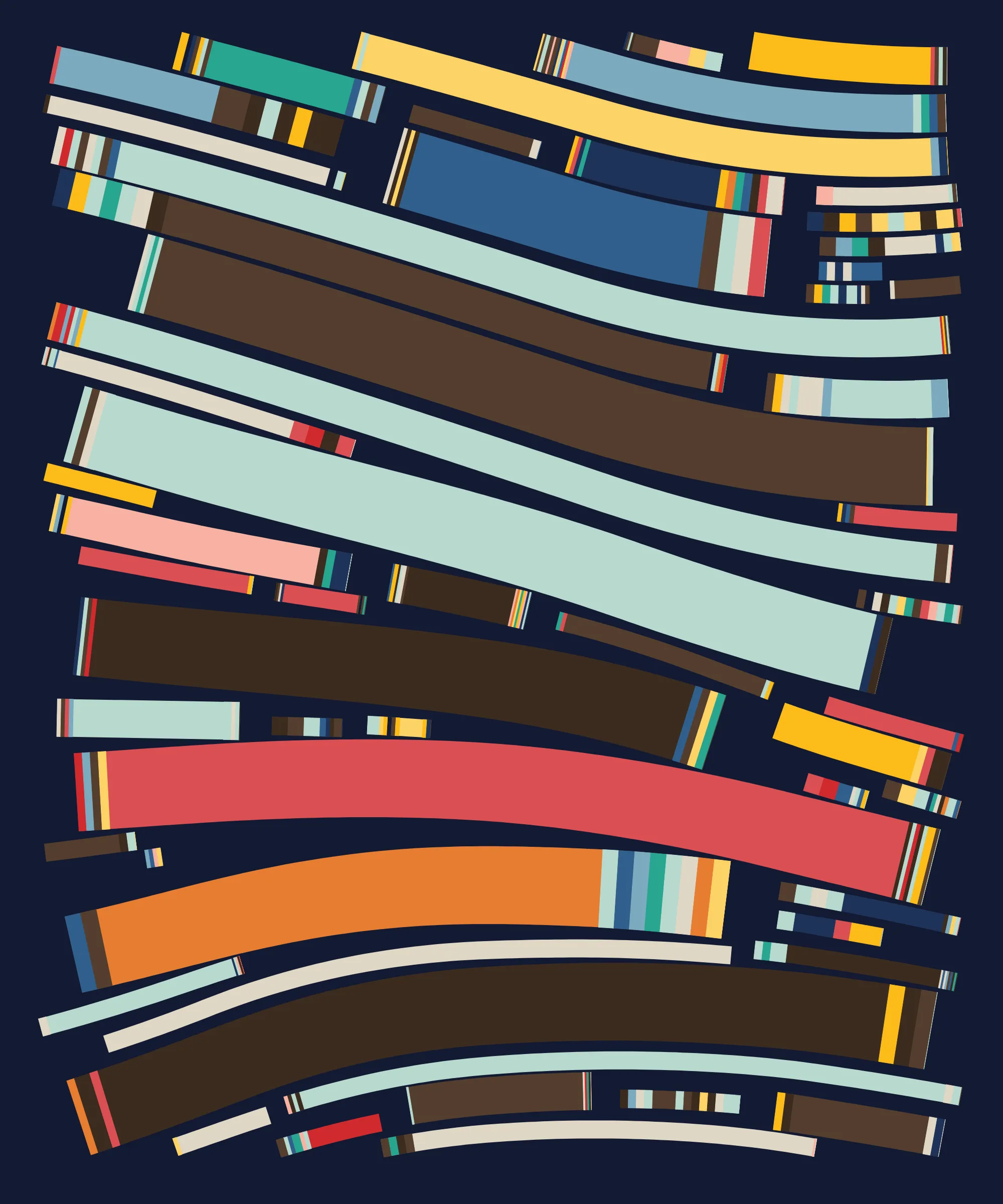 Fidenza is by far my most versatile algorithm to date. Although the program stays focused on structured curves and blocks, the varieties of scale, organization, texture, and color usage it can employ create a wide array of generative possibilities.