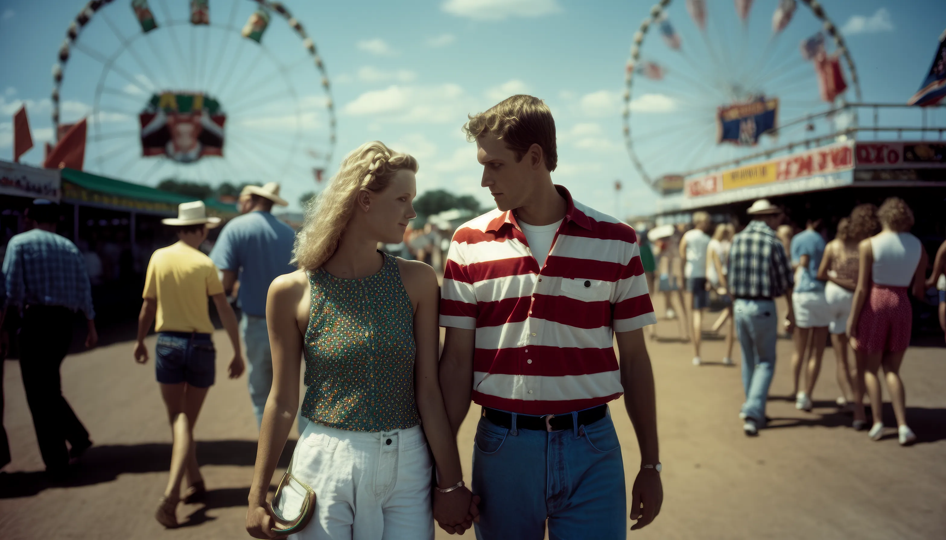 County Fair - AI Nostalgia captures the feeling of being at a Midwest country fair as a child in the 1980s, with its mix of fun and joy, weirdness and incredibility.

I intentionally kept post-prompt editing to a minimum to allow the strangeness and quirks of AI to come through, providing a historical look at what MidJourney was like during this particular time with these specific circumstances.

At the county fair, children often saw things that were nearly unbelievable, so the weirdness and wonder that shows up in these pieces strangely matches my childhood perception.

Midjourney V4  
Topaz upscale for size  
3136 x 1792 pixels

Pop Punk