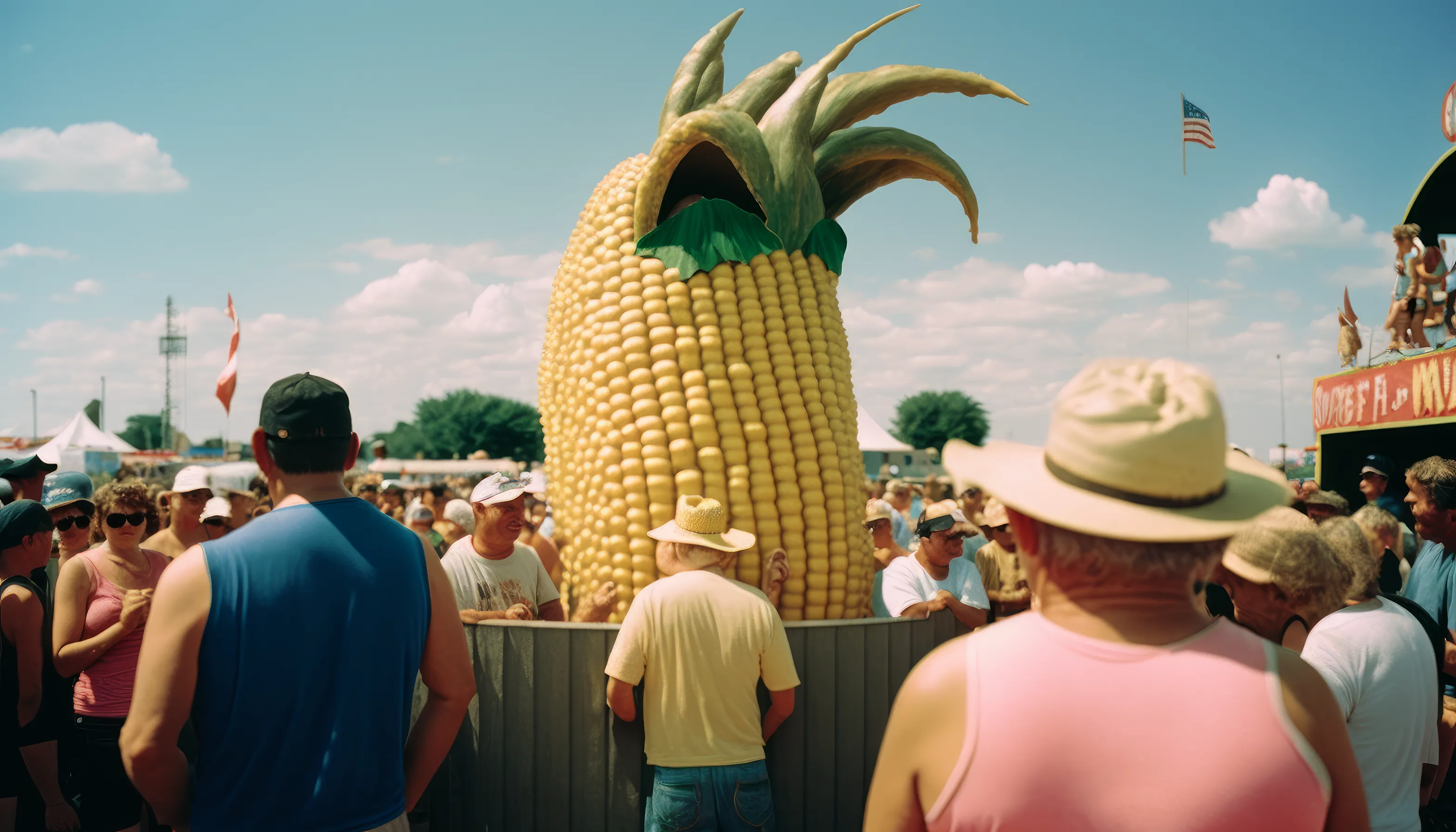 County Fair - AI Nostalgia captures the feeling of being at a Midwest country fair as a child in the 1980s, with its mix of fun and joy, weirdness and incredibility.

I intentionally kept post-prompt editing to a minimum to allow the strangeness and quirks of AI to come through, providing a historical look at what MidJourney was like during this particular time with these specific circumstances.

At the county fair, children often saw things that were nearly unbelievable, so the weirdness and wonder that shows up in these pieces strangely matches my childhood perception.

Midjourney V4  
Topaz upscale for size  
3136 x 1792 pixels

Pop Punk