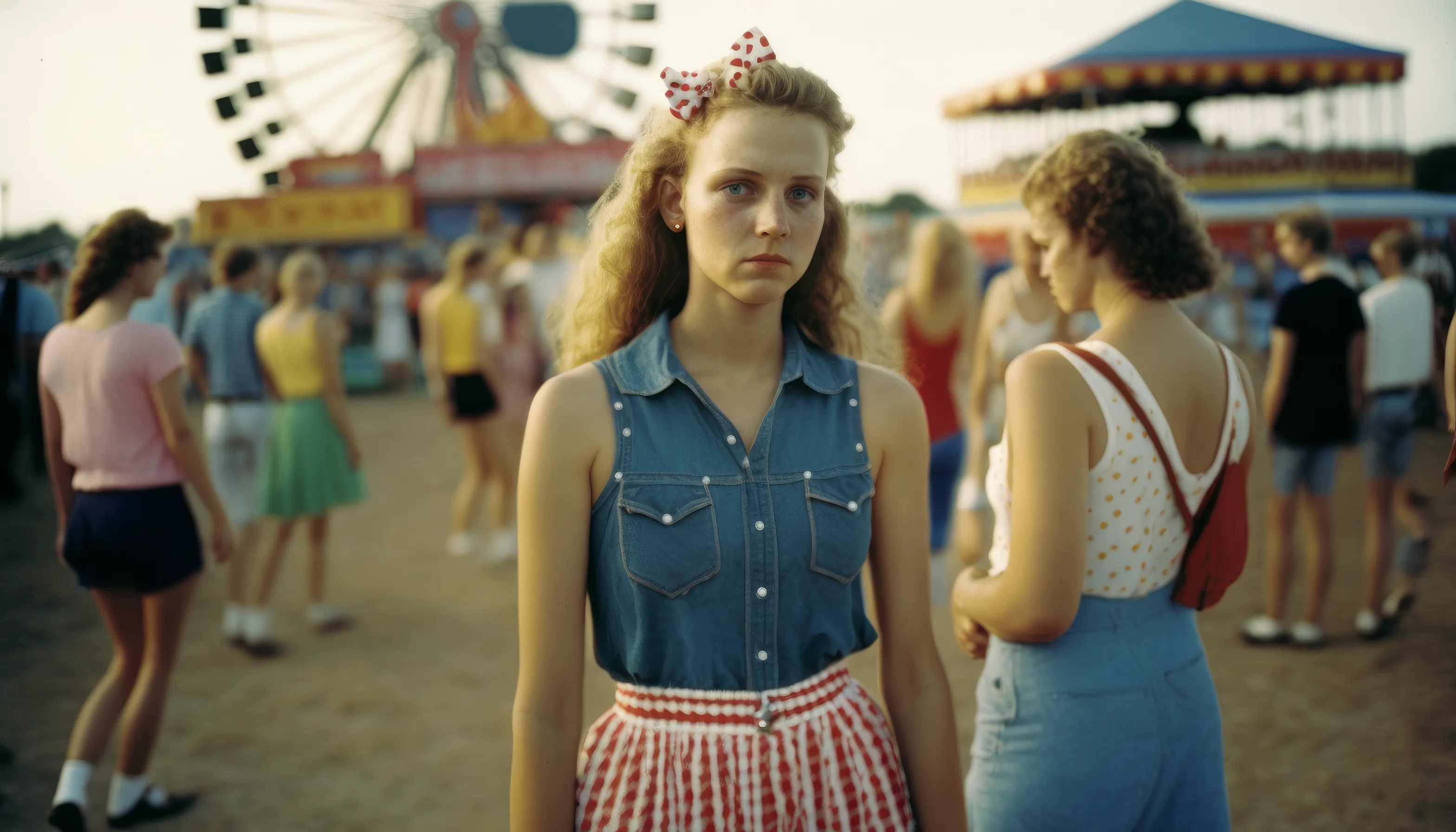 County Fair - AI Nostalgia captures the feeling of being at a Midwest country fair as a child in the 1980s, with its mix of fun and joy, weirdness and incredibility.

I intentionally kept post-prompt editing to a minimum to allow the strangeness and quirks of AI to come through, providing a historical look at what MidJourney was like during this particular time with these specific circumstances.

At the county fair, children often saw things that were nearly unbelievable, so the weirdness and wonder that shows up in these pieces strangely matches my childhood perception.

Midjourney V4  
Topaz upscale for size  
3136 x 1792 pixels

Pop Punk