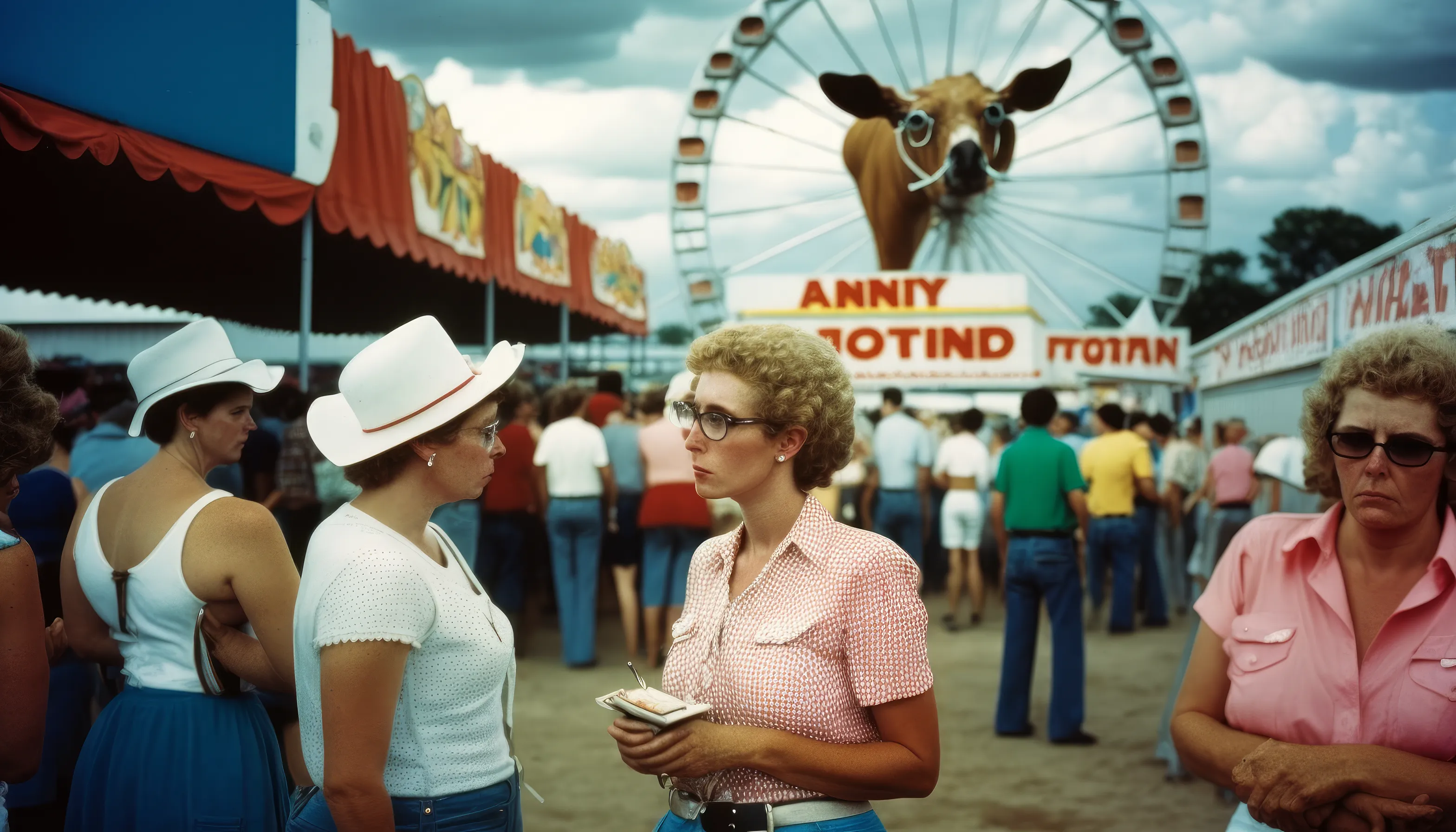 County Fair - AI Nostalgia captures the feeling of being at a Midwest country fair as a child in the 1980s, with its mix of fun and joy, weirdness and incredibility.

I intentionally kept post-prompt editing to a minimum to allow the strangeness and quirks of AI to come through, providing a historical look at what MidJourney was like during this particular time with these specific circumstances.

At the county fair, children often saw things that were nearly unbelievable, so the weirdness and wonder that shows up in these pieces strangely matches my childhood perception.

Midjourney V4  
Topaz upscale for size  
3136 x 1792 pixels

Pop Punk