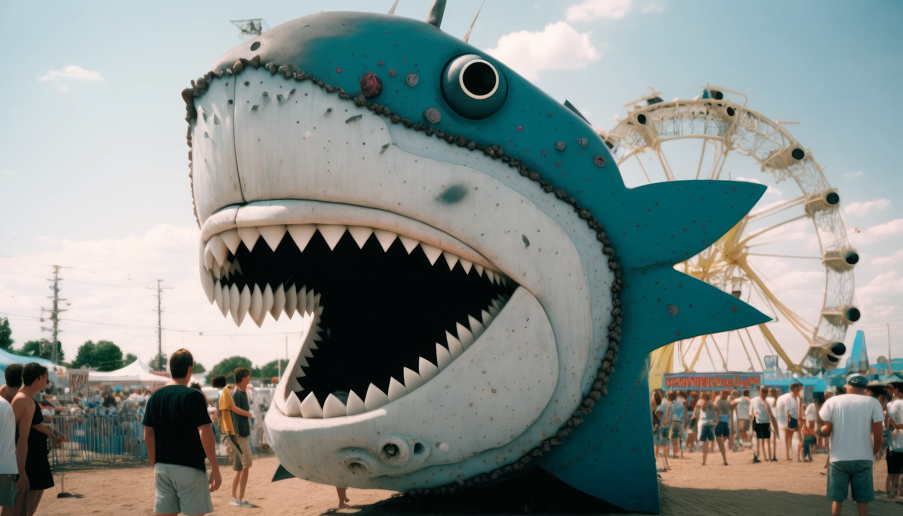 County Fair - AI Nostalgia captures the feeling of being at a Midwest country fair as a child in the 1980s, with its mix of fun and joy, weirdness and incredibility.

I intentionally kept post-prompt editing to a minimum to allow the strangeness and quirks of AI to come through, providing a historical look at what MidJourney was like during this particular time with these specific circumstances.

At the county fair, children often saw things that were nearly unbelievable, so the weirdness and wonder that shows up in these pieces strangely matches my childhood perception.

Midjourney V4  
Topaz upscale for size  
3136 x 1792 pixels

Pop Punk