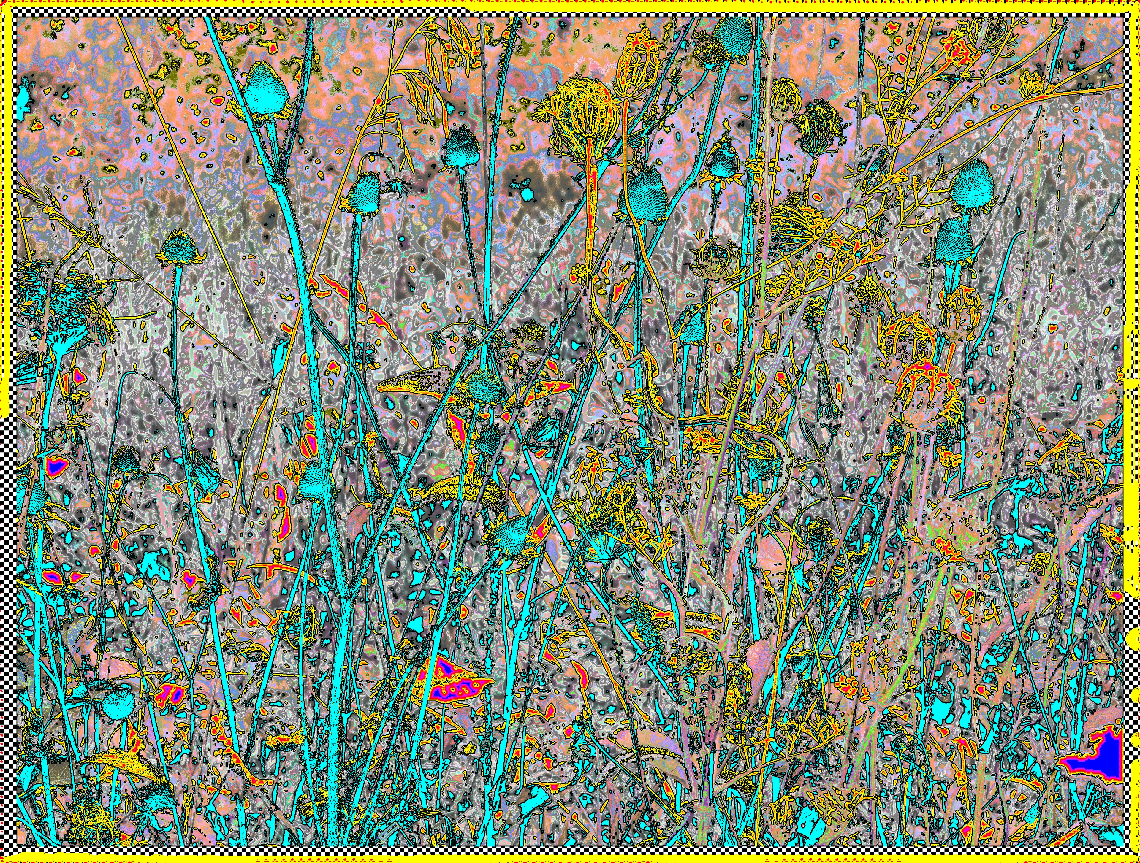 Travess Smalley, 2023 
4152×3144 @3x(12456×9432) PNG
1/1
The work begins with a photograph, from a late summer walk in Caratunk Wildlife Preserve in Massachusetts. Through the pandemic, Smalley spent the majority of his studio time on the screen, focused on a drawing or a print. Caratunk is his 20 minute walk in nature, where he “starts to see all the symmetries and complexities of life,” his eyes adjusting to natural light. The final image suggests an in-between state of vision, a landscape that refuses the eye tidy resolution. Smalley’s practice draws on emergent patterns, generative tactics, and methods of repetition, to surface life cycles. Here, the original photograph is processed through actions in Photoshop, and through JavaScript, to make a composite of multiple distinct digitizings and recolorings of the image, in various ranges of vibrant chromatic RGB values. Layering these versions creates a new work, emergent, partially planned - but impossible to see before final render.