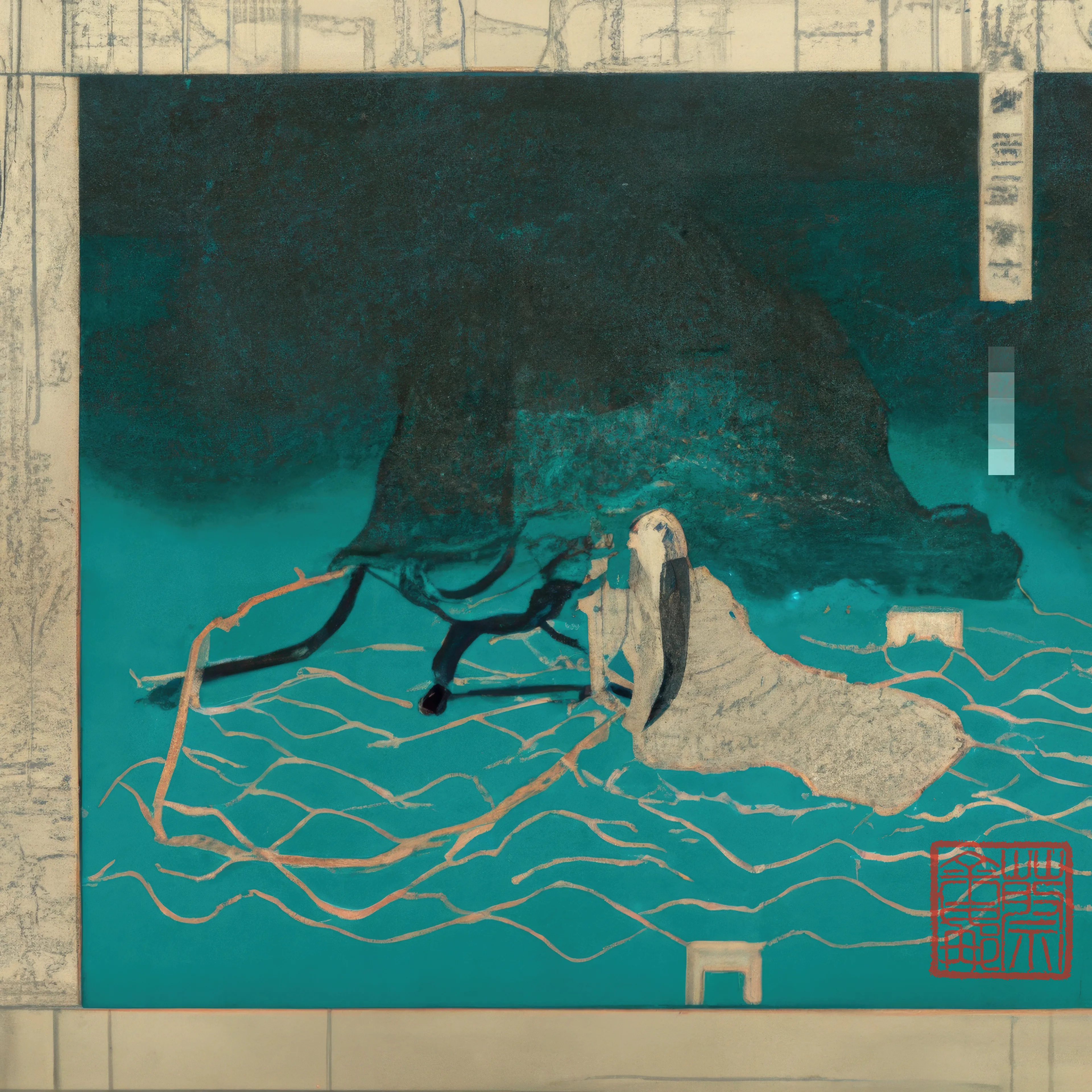 'Listening to Ghosts'  
In conversation with the dead to understand how to live better. 

ABSTRACT NOUNS

An abstract noun is a noun denoting an idea, quality, or state rather than a concrete object.

Art and the medium of AI is used here as a means of exploring less concrete concepts found within the human condition and experience.

This work explores the medium of machine thinking and its penchant for abstraction and the absurd as a complimentary vehicle for the expression of abstract thinking and philosophy.

In this collection the continued influence of traditional Chinese ink on paper painting is reflected in indelible mark making and compositional elements of form and space.