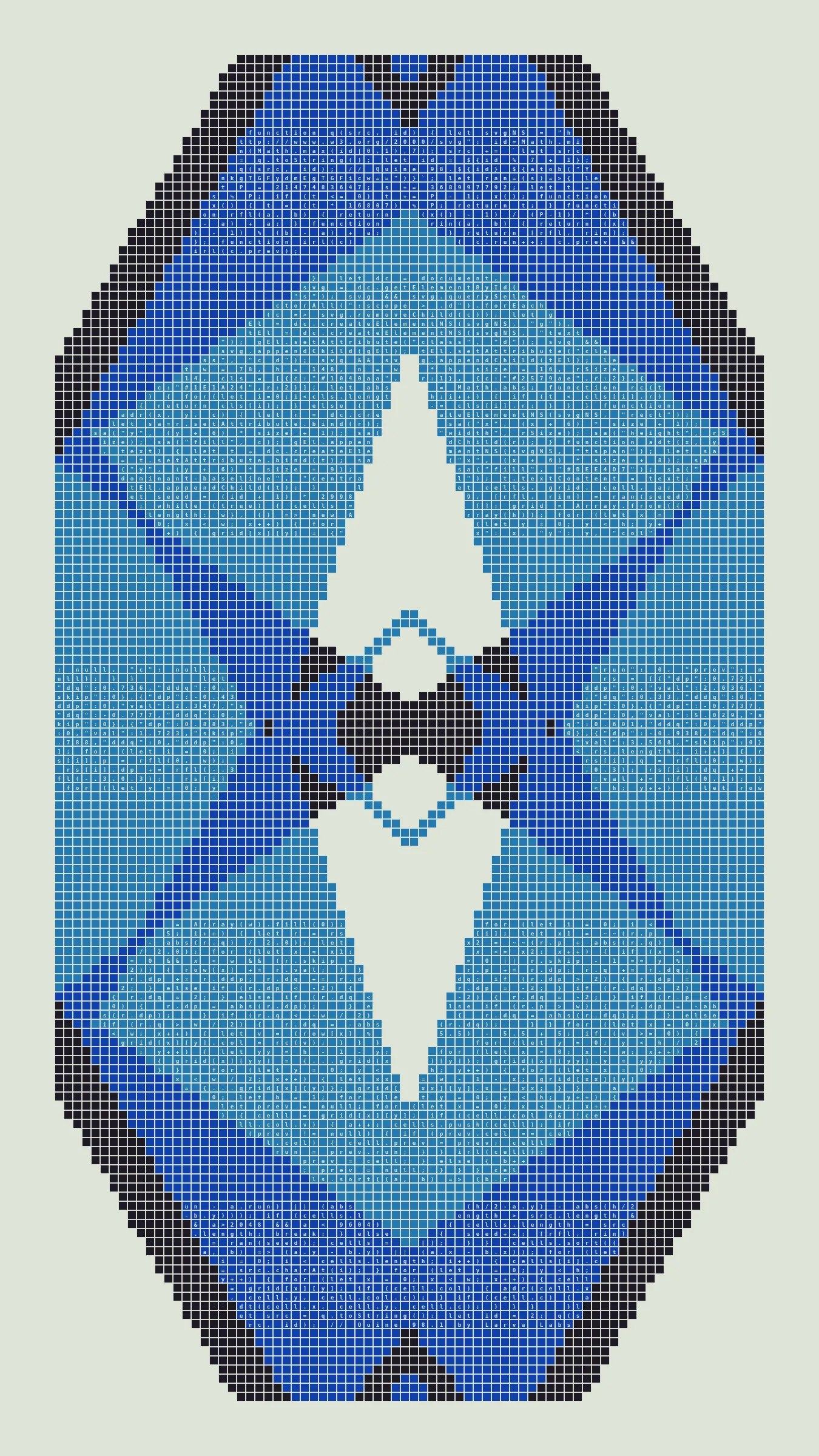 Quine is Larva Labs' contribution to the final Art Blocks Curated series, a project that underscores that all the works on the Art Blocks platform are generated directly from code with no artist supervision. Drawing from the computer science concept of a quine (a computer program that produces a copy of its own source code as its output), the work incorporates its own code into the visuals it creates.

Rather than hiding the generative process, Quine makes code alive as both medium and subject, creating a strange loop where the artwork contains the instructions for its own existence. This is closely analogous to how biological life reproduces itself: the DNA in the living cell is a type of "program" that can produce all the mechanisms of life, one of which is making a reproduction of itself upon cell reproduction. Each Quine functions simultaneously as executable code (the DNA) and typographic composition (the cell). While some are "Perfect-Quines" that reproduce themselves exactly, others cycle through multiple generations – its "quintity"– before returning to its origin state.

As opposed to creating the artwork directly, the main generator constructs a much smaller, specialized program that produces the visual output, including a layout of its own source code into the work, as well as the mechanism to reproduce itself. In this way, Quines are both program listings and artworks.