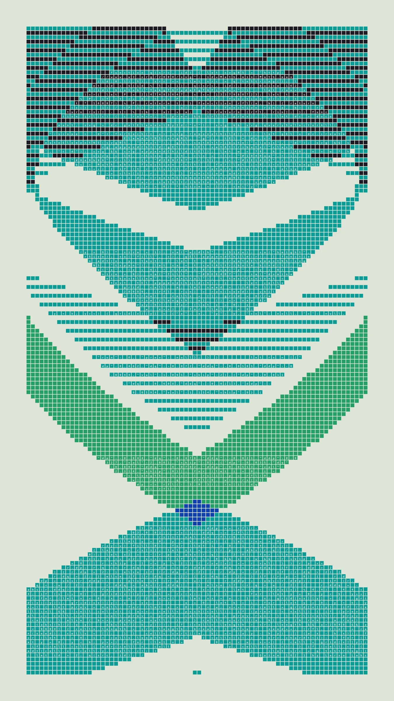 Quine is Larva Labs' contribution to the final Art Blocks Curated series, a project that underscores that all the works on the Art Blocks platform are generated directly from code with no artist supervision. Drawing from the computer science concept of a quine (a computer program that produces a copy of its own source code as its output), the work incorporates its own code into the visuals it creates.

Rather than hiding the generative process, Quine makes code alive as both medium and subject, creating a strange loop where the artwork contains the instructions for its own existence. This is closely analogous to how biological life reproduces itself: the DNA in the living cell is a type of "program" that can produce all the mechanisms of life, one of which is making a reproduction of itself upon cell reproduction. Each Quine functions simultaneously as executable code (the DNA) and typographic composition (the cell). While some are "Perfect-Quines" that reproduce themselves exactly, others cycle through multiple generations – its "quintity"– before returning to its origin state.

As opposed to creating the artwork directly, the main generator constructs a much smaller, specialized program that produces the visual output, including a layout of its own source code into the work, as well as the mechanism to reproduce itself. In this way, Quines are both program listings and artworks.