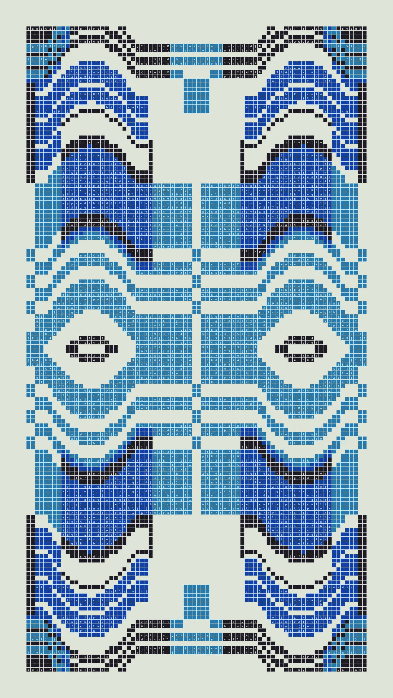 Quine is Larva Labs' contribution to the final Art Blocks Curated series, a project that underscores that all the works on the Art Blocks platform are generated directly from code with no artist supervision. Drawing from the computer science concept of a quine (a computer program that produces a copy of its own source code as its output), the work incorporates its own code into the visuals it creates.

Rather than hiding the generative process, Quine makes code alive as both medium and subject, creating a strange loop where the artwork contains the instructions for its own existence. This is closely analogous to how biological life reproduces itself: the DNA in the living cell is a type of "program" that can produce all the mechanisms of life, one of which is making a reproduction of itself upon cell reproduction. Each Quine functions simultaneously as executable code (the DNA) and typographic composition (the cell). While some are "Perfect-Quines" that reproduce themselves exactly, others cycle through multiple generations – its "quintity"– before returning to its origin state.

As opposed to creating the artwork directly, the main generator constructs a much smaller, specialized program that produces the visual output, including a layout of its own source code into the work, as well as the mechanism to reproduce itself. In this way, Quines are both program listings and artworks.