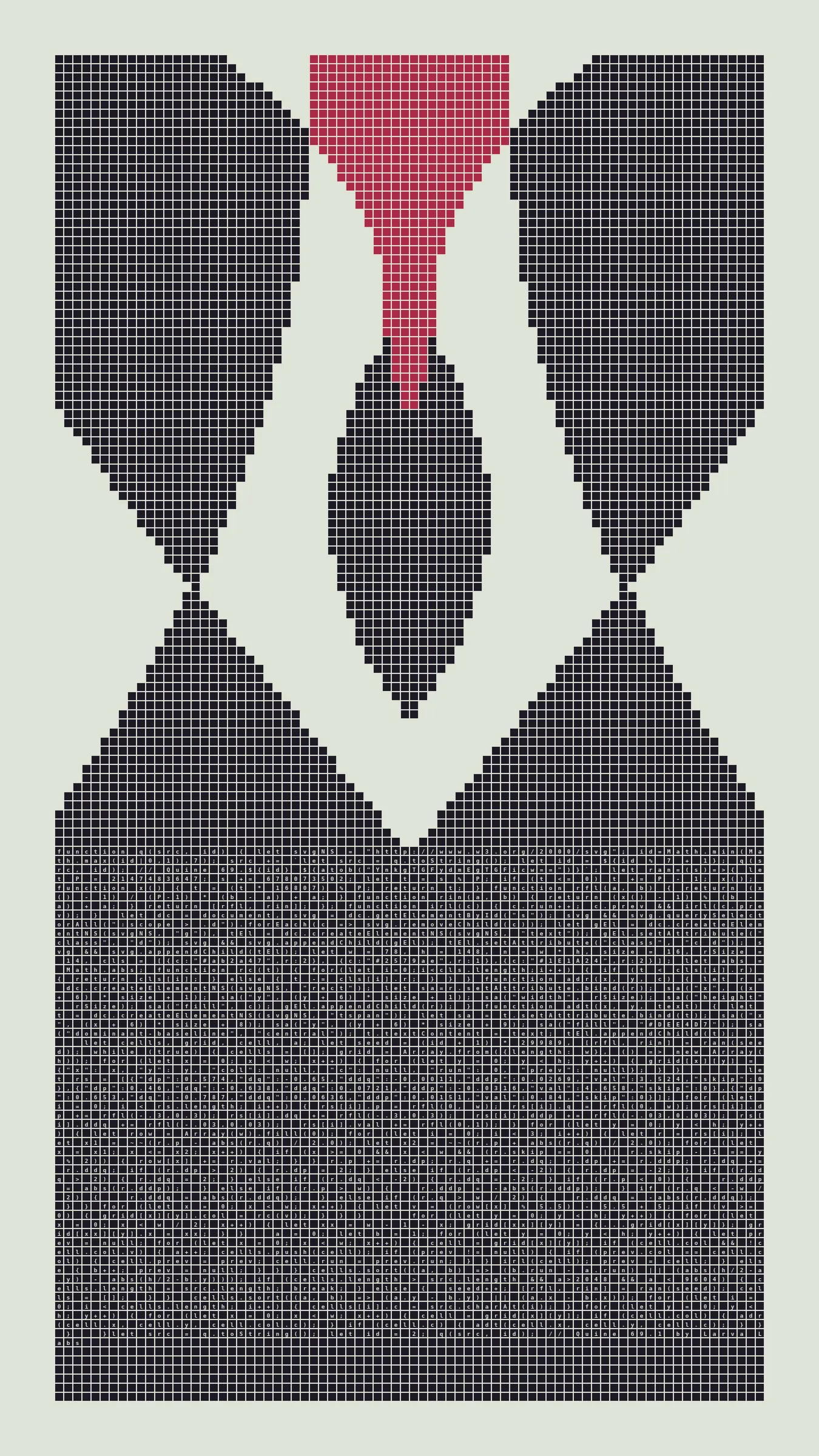 Quine is Larva Labs' contribution to the final Art Blocks Curated series, a project that underscores that all the works on the Art Blocks platform are generated directly from code with no artist supervision. Drawing from the computer science concept of a quine (a computer program that produces a copy of its own source code as its output), the work incorporates its own code into the visuals it creates.

Rather than hiding the generative process, Quine makes code alive as both medium and subject, creating a strange loop where the artwork contains the instructions for its own existence. This is closely analogous to how biological life reproduces itself: the DNA in the living cell is a type of "program" that can produce all the mechanisms of life, one of which is making a reproduction of itself upon cell reproduction. Each Quine functions simultaneously as executable code (the DNA) and typographic composition (the cell). While some are "Perfect-Quines" that reproduce themselves exactly, others cycle through multiple generations – its "quintity"– before returning to its origin state.

As opposed to creating the artwork directly, the main generator constructs a much smaller, specialized program that produces the visual output, including a layout of its own source code into the work, as well as the mechanism to reproduce itself. In this way, Quines are both program listings and artworks.