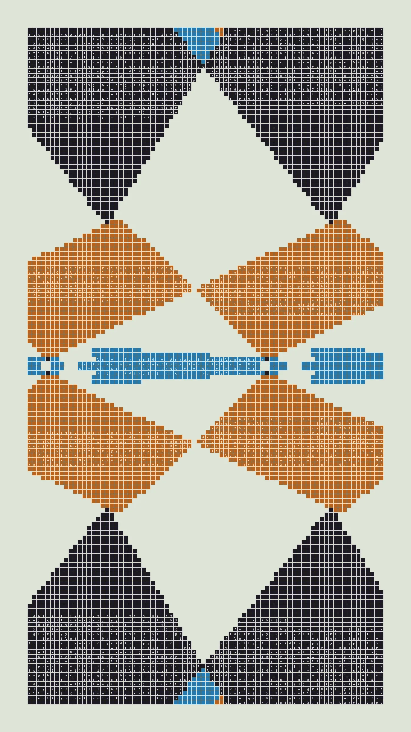 Quine is Larva Labs' contribution to the final Art Blocks Curated series, a project that underscores that all the works on the Art Blocks platform are generated directly from code with no artist supervision. Drawing from the computer science concept of a quine (a computer program that produces a copy of its own source code as its output), the work incorporates its own code into the visuals it creates.

Rather than hiding the generative process, Quine makes code alive as both medium and subject, creating a strange loop where the artwork contains the instructions for its own existence. This is closely analogous to how biological life reproduces itself: the DNA in the living cell is a type of "program" that can produce all the mechanisms of life, one of which is making a reproduction of itself upon cell reproduction. Each Quine functions simultaneously as executable code (the DNA) and typographic composition (the cell). While some are "Perfect-Quines" that reproduce themselves exactly, others cycle through multiple generations – its "quintity"– before returning to its origin state.

As opposed to creating the artwork directly, the main generator constructs a much smaller, specialized program that produces the visual output, including a layout of its own source code into the work, as well as the mechanism to reproduce itself. In this way, Quines are both program listings and artworks.