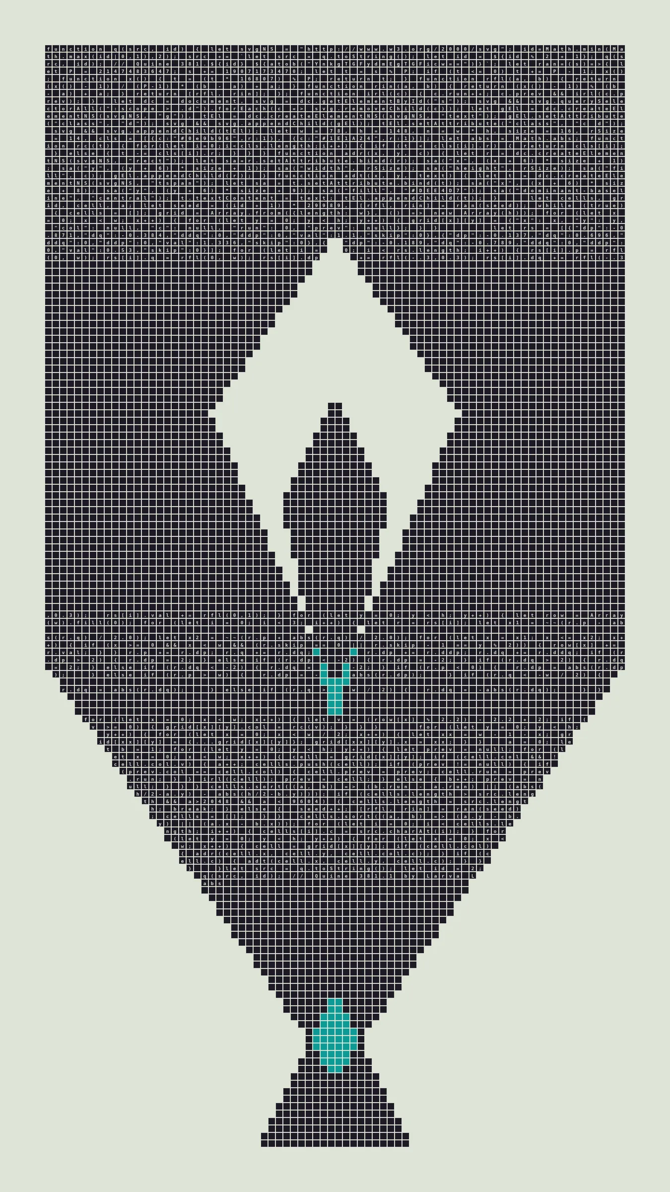 Quine is Larva Labs' contribution to the final Art Blocks Curated series, a project that underscores that all the works on the Art Blocks platform are generated directly from code with no artist supervision. Drawing from the computer science concept of a quine (a computer program that produces a copy of its own source code as its output), the work incorporates its own code into the visuals it creates.

Rather than hiding the generative process, Quine makes code alive as both medium and subject, creating a strange loop where the artwork contains the instructions for its own existence. This is closely analogous to how biological life reproduces itself: the DNA in the living cell is a type of "program" that can produce all the mechanisms of life, one of which is making a reproduction of itself upon cell reproduction. Each Quine functions simultaneously as executable code (the DNA) and typographic composition (the cell). While some are "Perfect-Quines" that reproduce themselves exactly, others cycle through multiple generations – its "quintity"– before returning to its origin state.

As opposed to creating the artwork directly, the main generator constructs a much smaller, specialized program that produces the visual output, including a layout of its own source code into the work, as well as the mechanism to reproduce itself. In this way, Quines are both program listings and artworks.