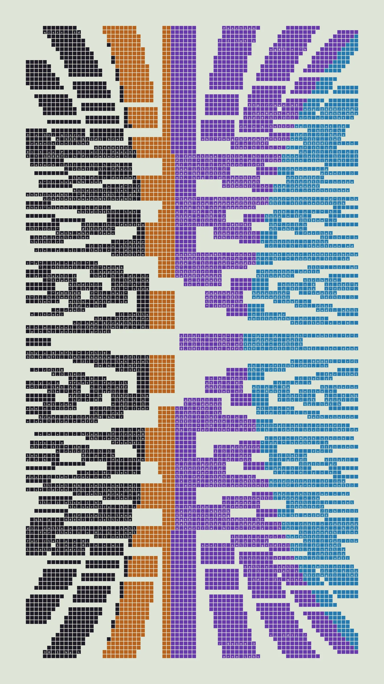 Quine is Larva Labs' contribution to the final Art Blocks Curated series, a project that underscores that all the works on the Art Blocks platform are generated directly from code with no artist supervision. Drawing from the computer science concept of a quine (a computer program that produces a copy of its own source code as its output), the work incorporates its own code into the visuals it creates.

Rather than hiding the generative process, Quine makes code alive as both medium and subject, creating a strange loop where the artwork contains the instructions for its own existence. This is closely analogous to how biological life reproduces itself: the DNA in the living cell is a type of "program" that can produce all the mechanisms of life, one of which is making a reproduction of itself upon cell reproduction. Each Quine functions simultaneously as executable code (the DNA) and typographic composition (the cell). While some are "Perfect-Quines" that reproduce themselves exactly, others cycle through multiple generations – its "quintity"– before returning to its origin state.

As opposed to creating the artwork directly, the main generator constructs a much smaller, specialized program that produces the visual output, including a layout of its own source code into the work, as well as the mechanism to reproduce itself. In this way, Quines are both program listings and artworks.