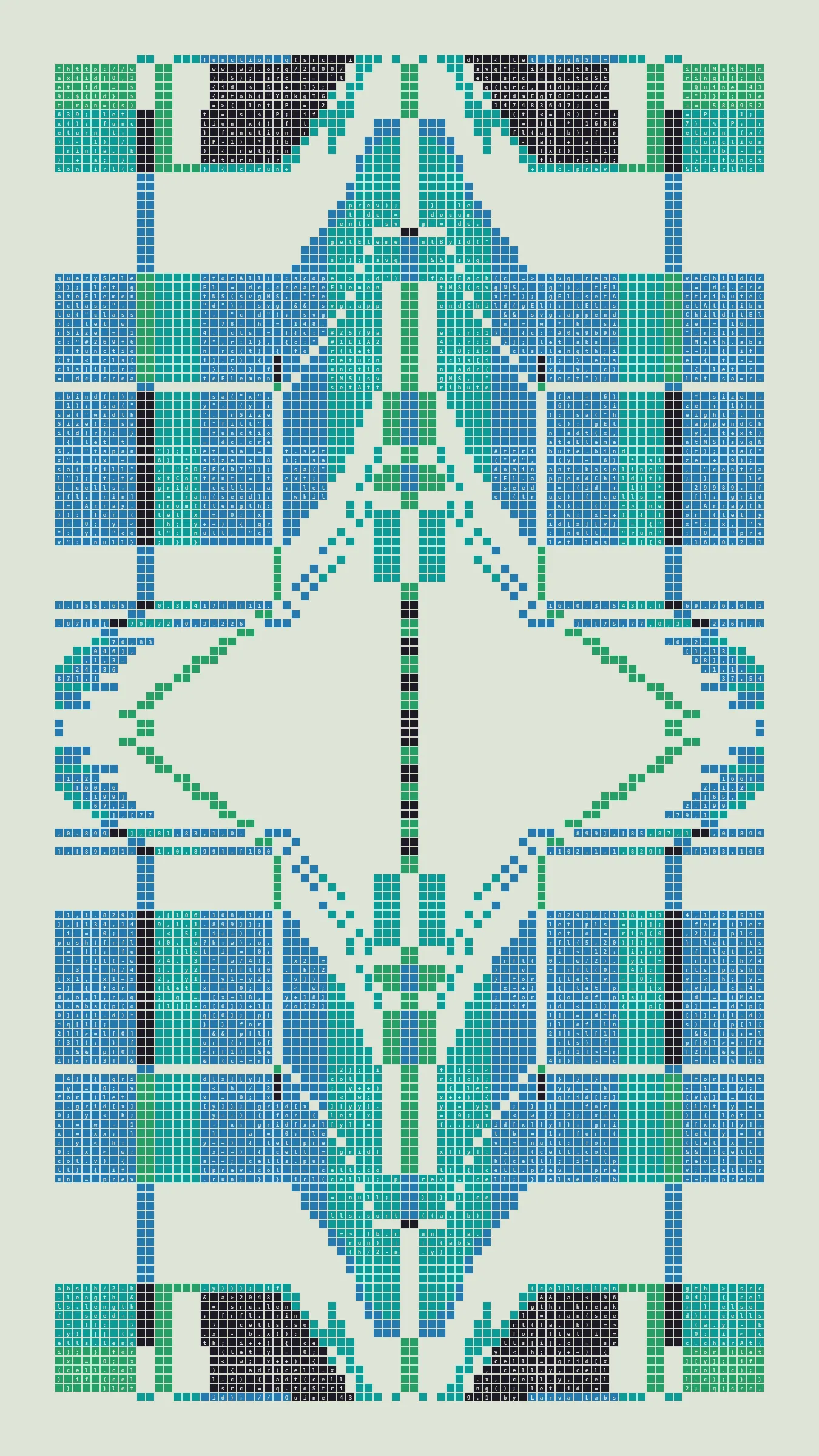 Quine is Larva Labs' contribution to the final Art Blocks Curated series, a project that underscores that all the works on the Art Blocks platform are generated directly from code with no artist supervision. Drawing from the computer science concept of a quine (a computer program that produces a copy of its own source code as its output), the work incorporates its own code into the visuals it creates.

Rather than hiding the generative process, Quine makes code alive as both medium and subject, creating a strange loop where the artwork contains the instructions for its own existence. This is closely analogous to how biological life reproduces itself: the DNA in the living cell is a type of "program" that can produce all the mechanisms of life, one of which is making a reproduction of itself upon cell reproduction. Each Quine functions simultaneously as executable code (the DNA) and typographic composition (the cell). While some are "Perfect-Quines" that reproduce themselves exactly, others cycle through multiple generations – its "quintity"– before returning to its origin state.

As opposed to creating the artwork directly, the main generator constructs a much smaller, specialized program that produces the visual output, including a layout of its own source code into the work, as well as the mechanism to reproduce itself. In this way, Quines are both program listings and artworks.