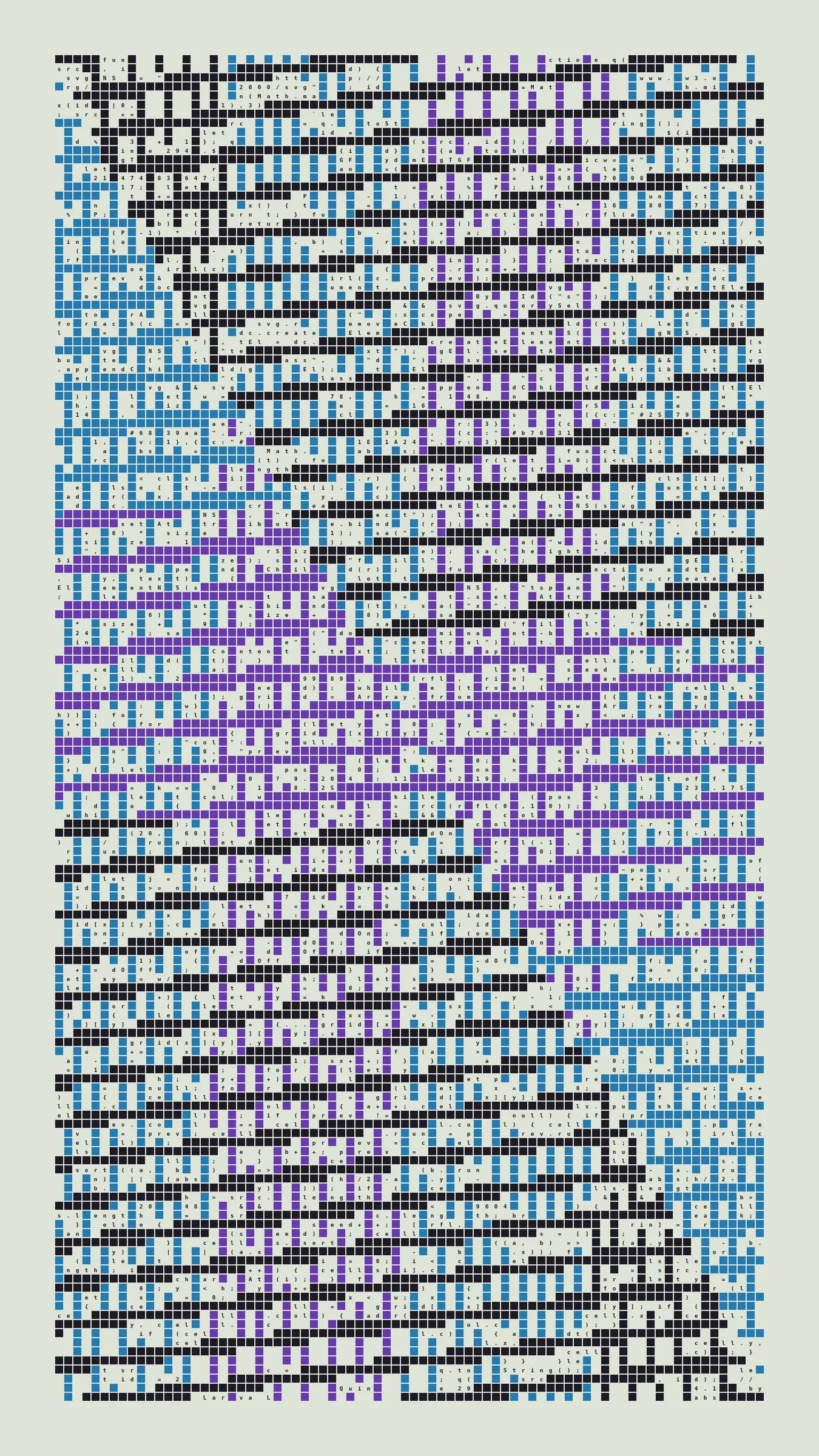 Quine is Larva Labs' contribution to the final Art Blocks Curated series, a project that underscores that all the works on the Art Blocks platform are generated directly from code with no artist supervision. Drawing from the computer science concept of a quine (a computer program that produces a copy of its own source code as its output), the work incorporates its own code into the visuals it creates.

Rather than hiding the generative process, Quine makes code alive as both medium and subject, creating a strange loop where the artwork contains the instructions for its own existence. This is closely analogous to how biological life reproduces itself: the DNA in the living cell is a type of "program" that can produce all the mechanisms of life, one of which is making a reproduction of itself upon cell reproduction. Each Quine functions simultaneously as executable code (the DNA) and typographic composition (the cell). While some are "Perfect-Quines" that reproduce themselves exactly, others cycle through multiple generations – its "quintity"– before returning to its origin state.

As opposed to creating the artwork directly, the main generator constructs a much smaller, specialized program that produces the visual output, including a layout of its own source code into the work, as well as the mechanism to reproduce itself. In this way, Quines are both program listings and artworks.